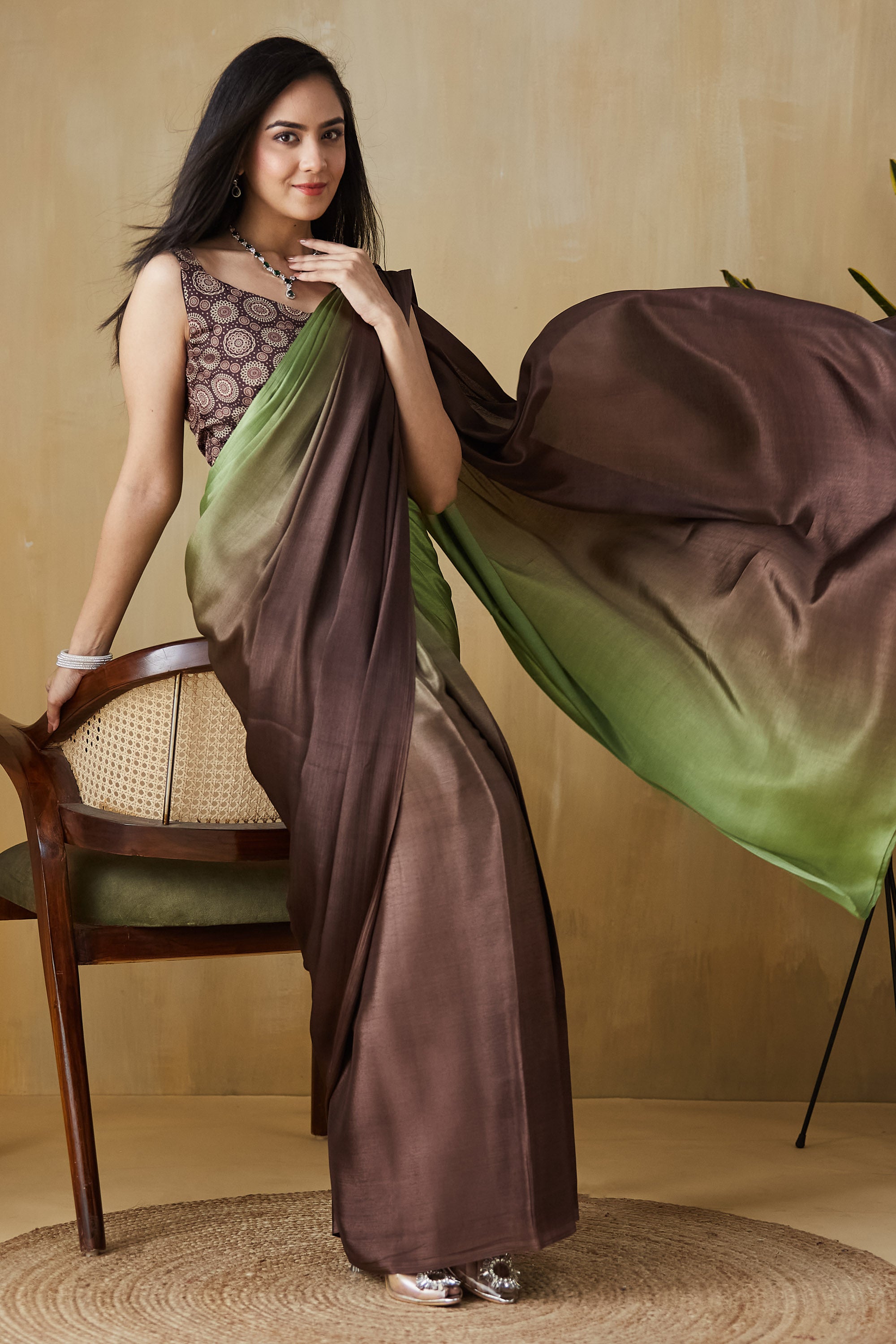 Ombre Ready To Wear Greenbrown Saree