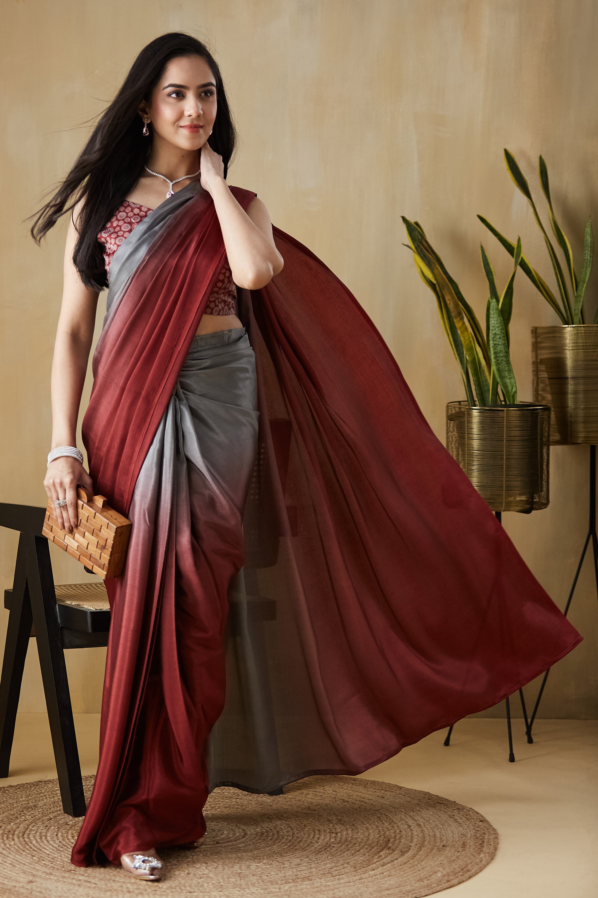 Ombre Ready to wear Maroongrey Saree