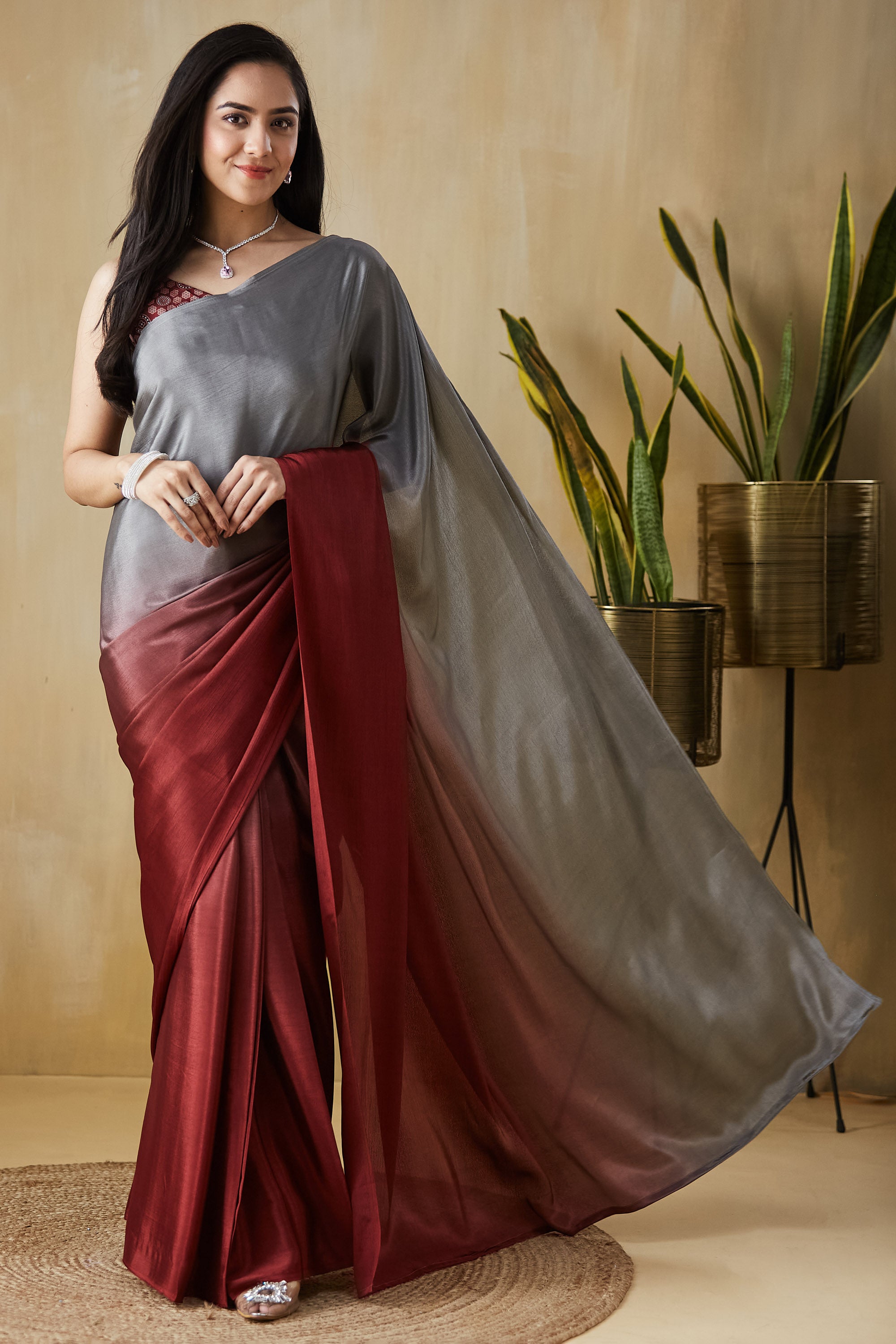 Ombre Ready to wear Maroongrey Saree