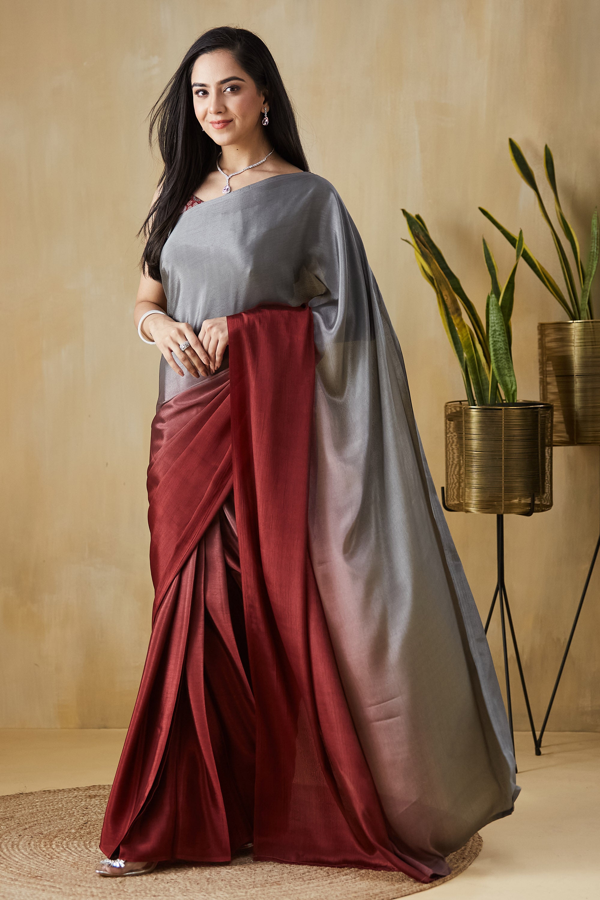 Ombre Ready to wear Maroongrey Saree