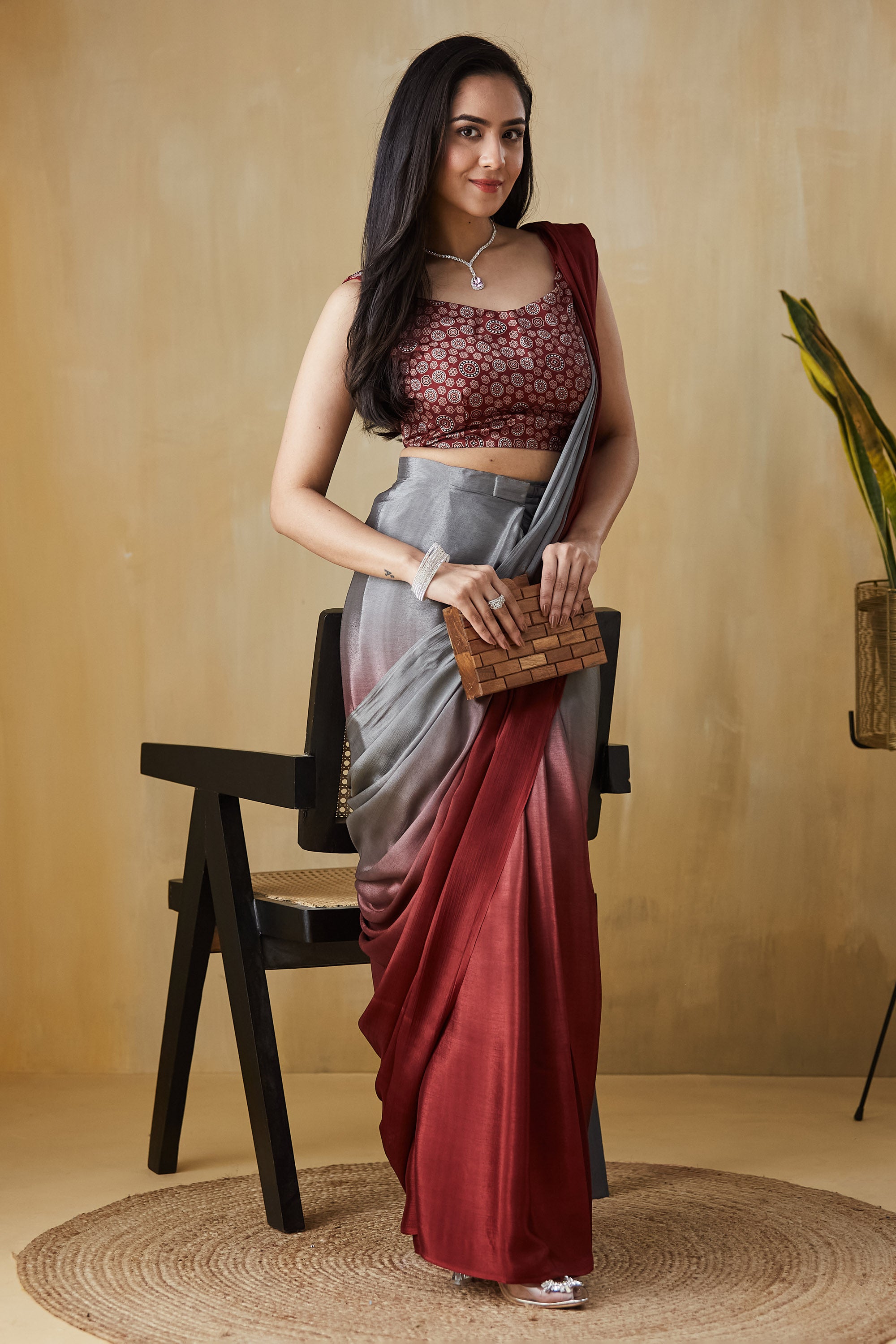 Ombre Ready to wear Maroongrey Saree
