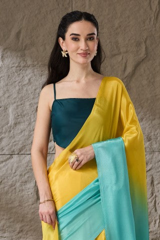 Multicoloured Blue Ombre Dyed Satin Designer Saree