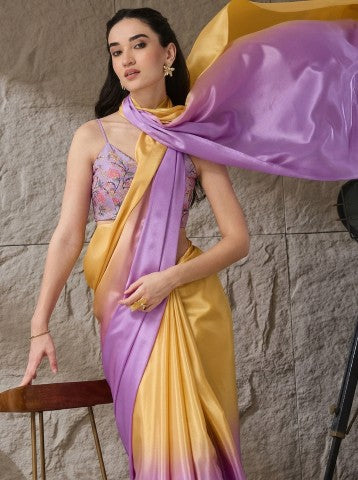 Yellow Violet Ombre Dyed Satin Party Wear Saree