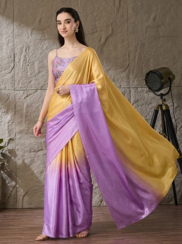Yellow Violet Ombre Dyed Satin Party Wear Saree