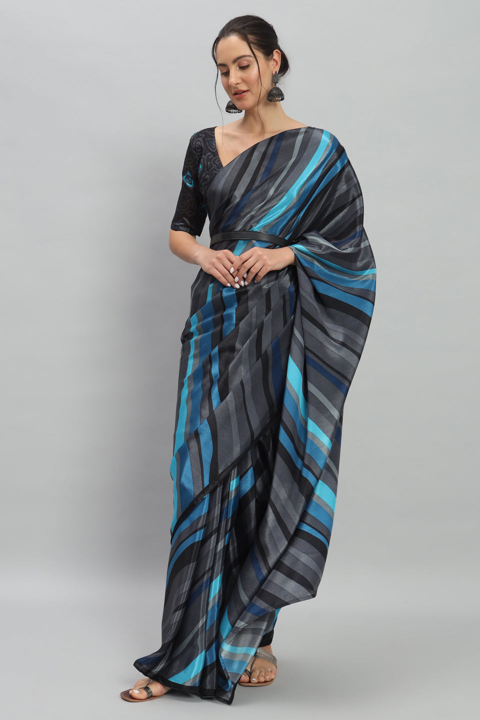 Satin Striped Printed Ready to Wear Pre-stitched Blue Saree