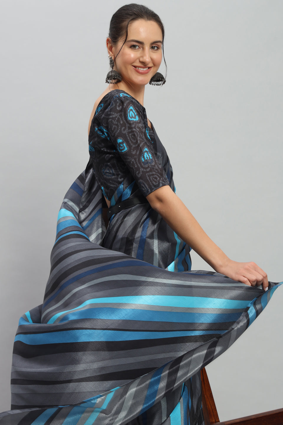 Satin Striped Printed Ready to Wear Pre-stitched Blue Saree