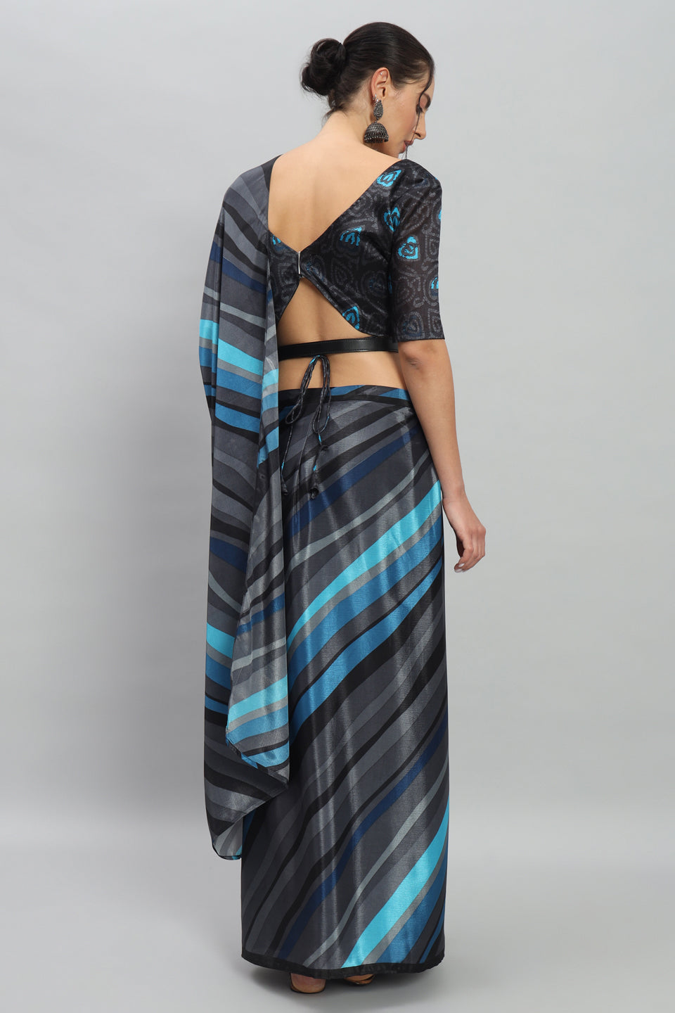 Satin Striped Printed Ready to Wear Pre-stitched Blue Saree