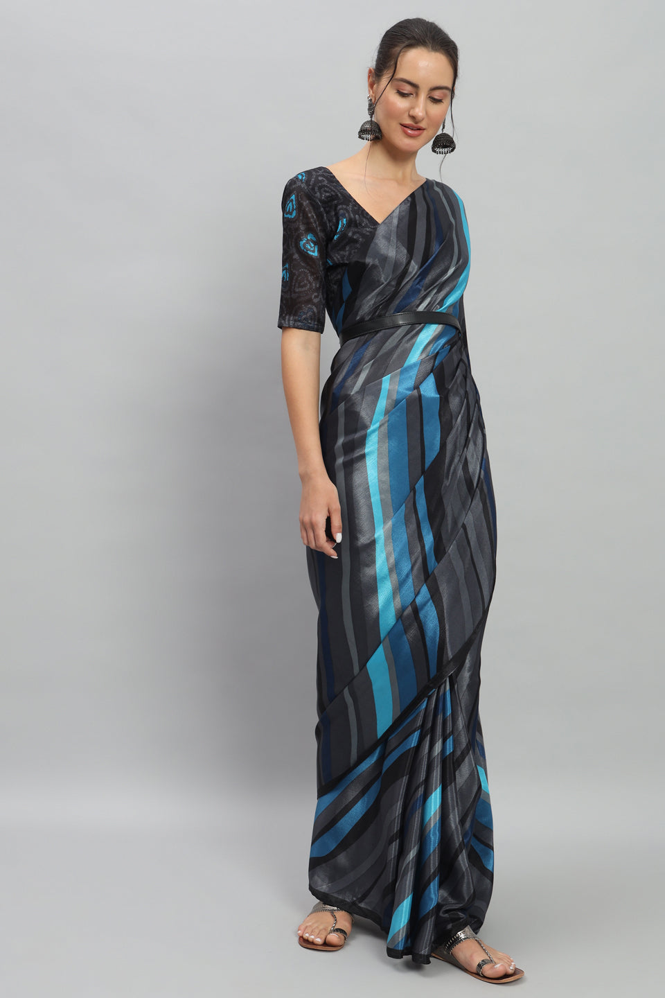 Satin Striped Printed Ready to Wear Pre-stitched Blue Saree
