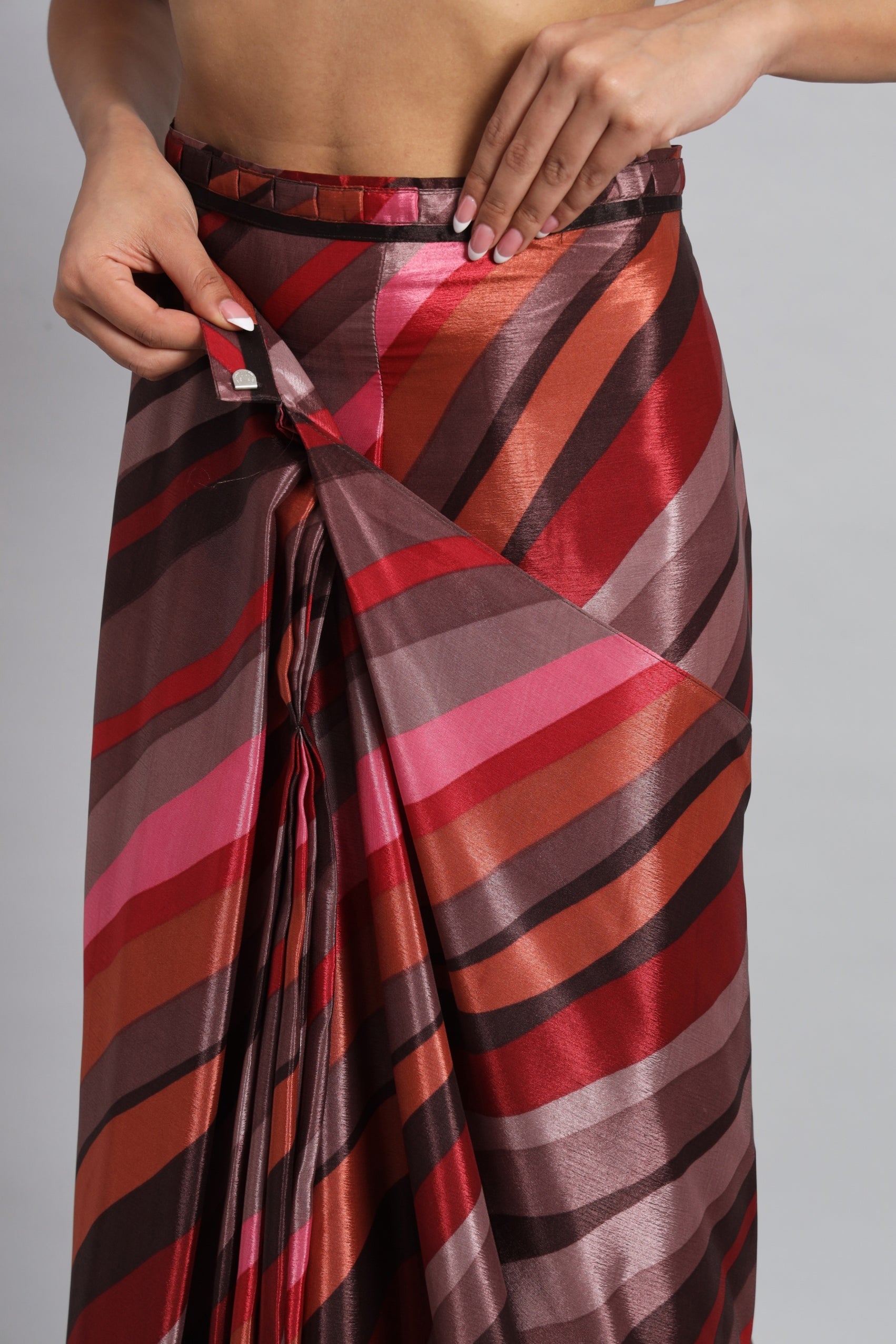 Satin Striped Printed Ready to Wear Pre-stitched Rust Saree