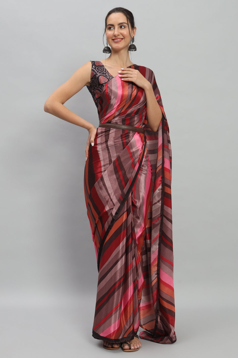 Satin Striped Printed Ready to Wear Pre-stitched Rust Saree