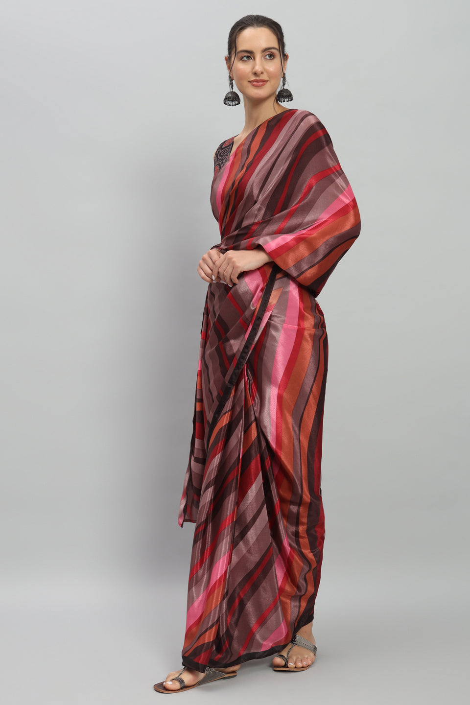 Satin Striped Printed Ready to Wear Pre-stitched Rust Saree