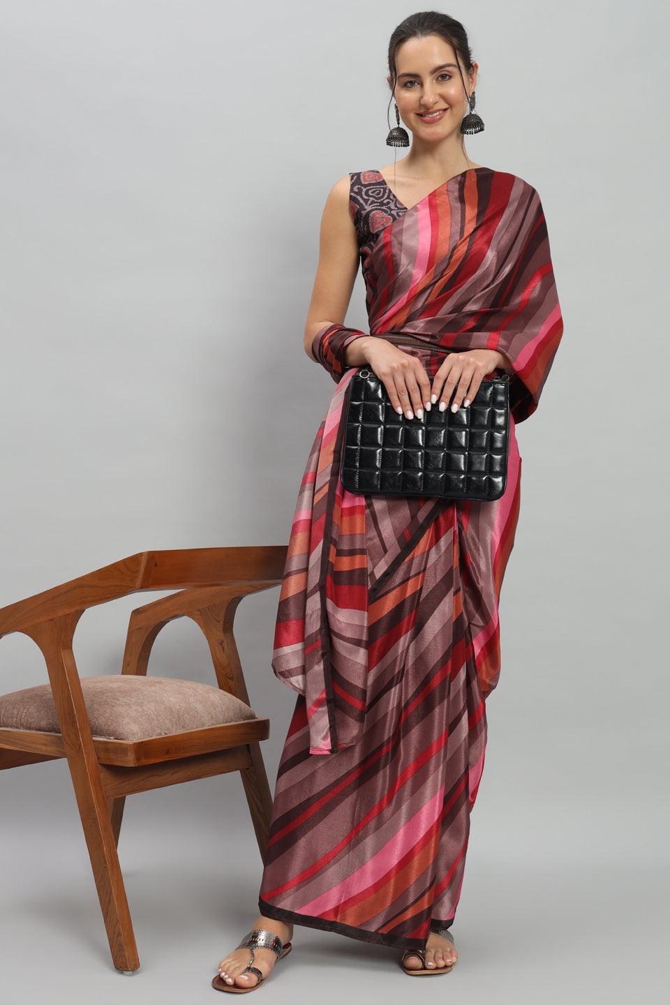 Satin Striped Printed Ready to Wear Pre-stitched Rust Saree