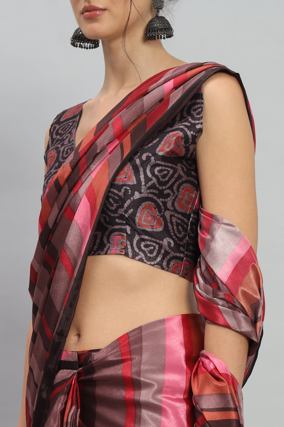 Satin Striped Printed Ready to Wear Pre-stitched Rust Saree
