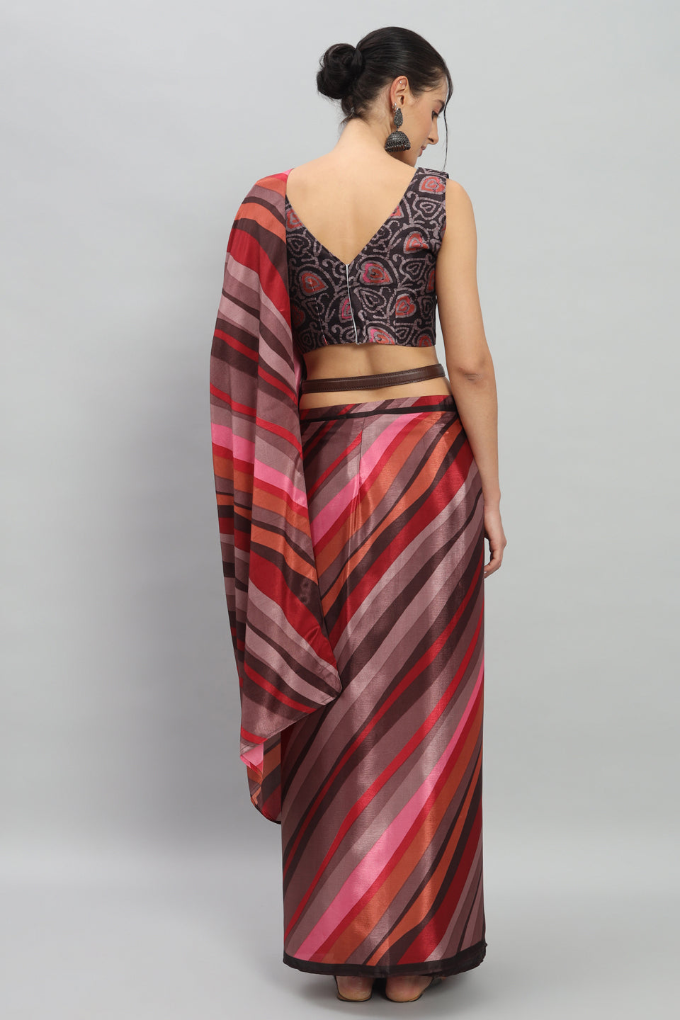 Satin Striped Printed Ready to Wear Pre-stitched Rust Saree