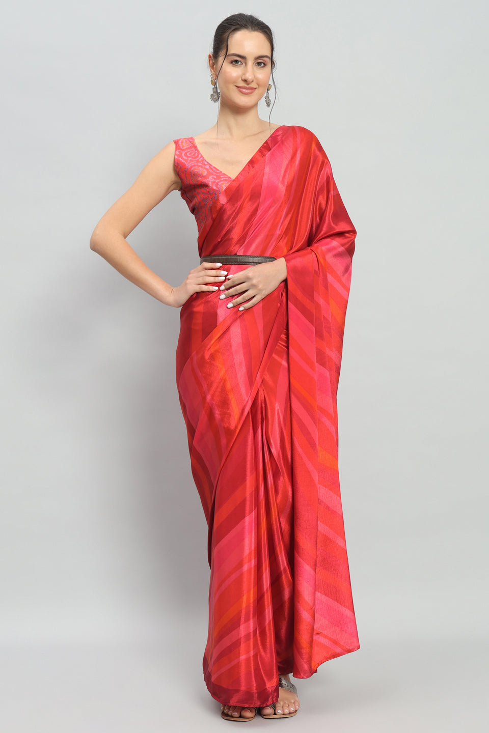 Satin Striped Printed Ready to Wear Pre-stitched Rust Saree