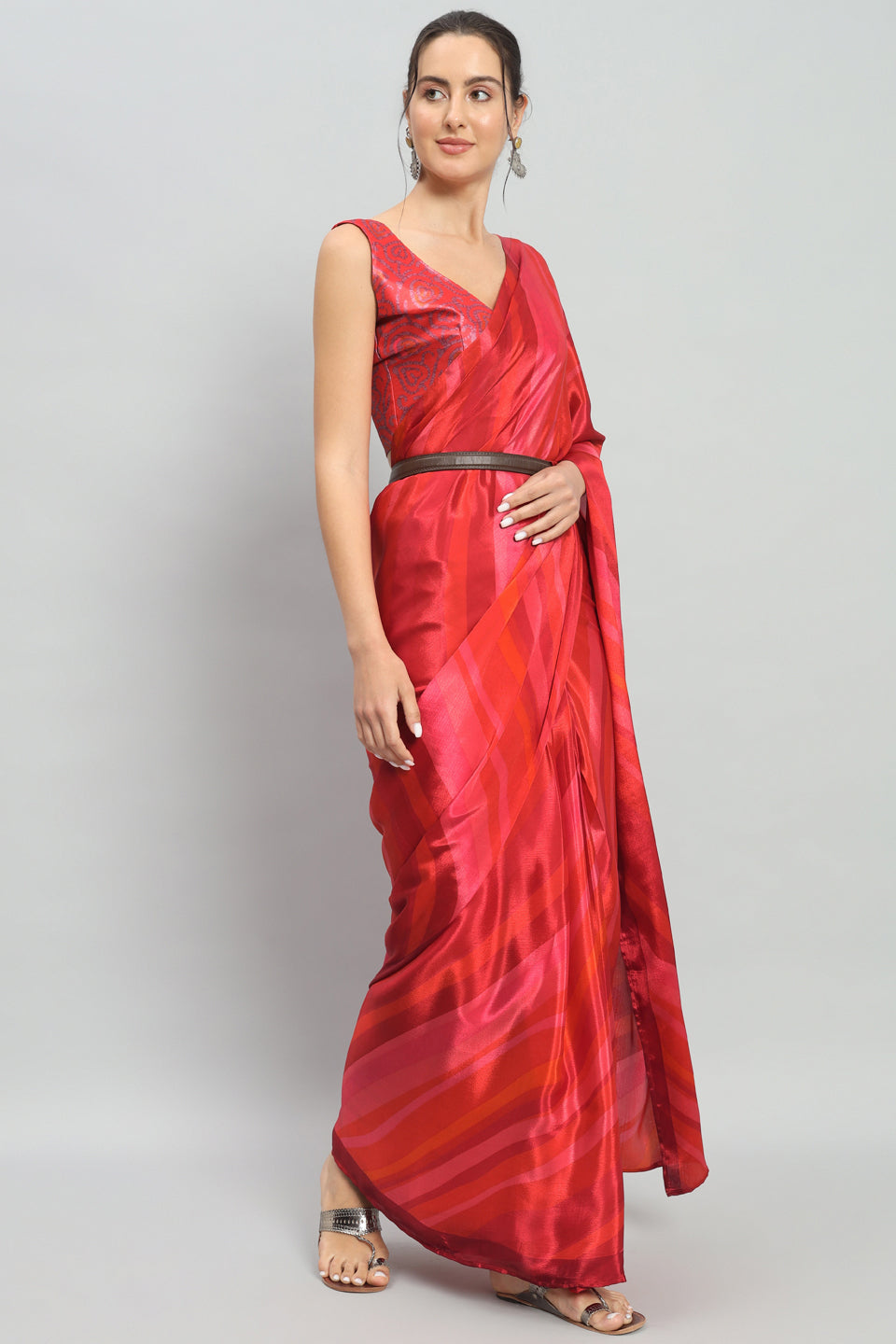 Satin Striped Printed Ready to Wear Pre-stitched Rust Saree