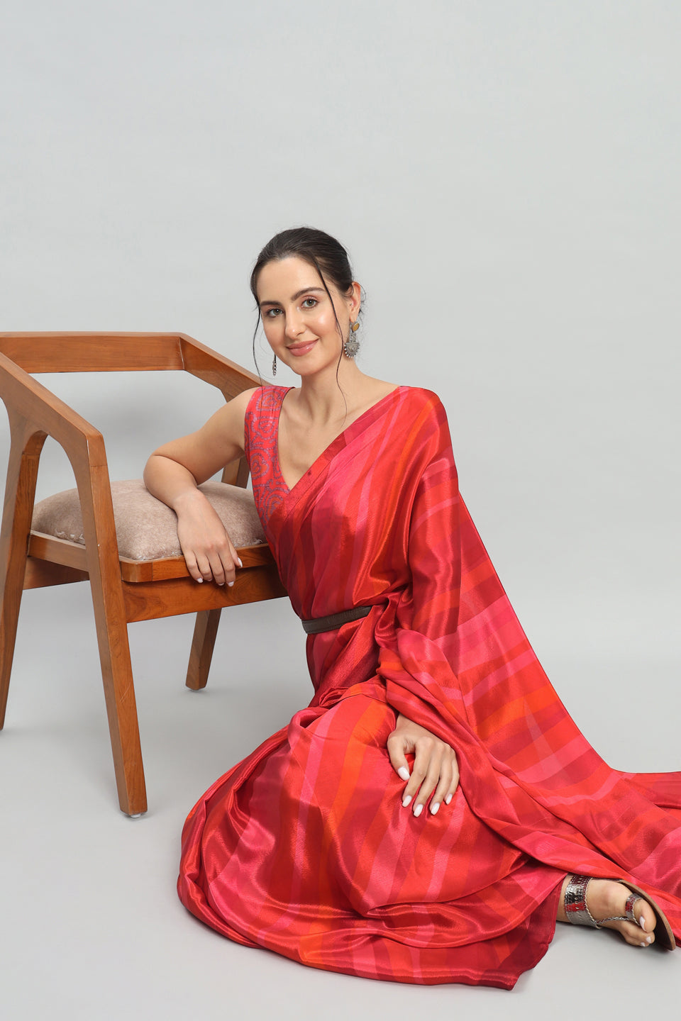 Satin Striped Printed Ready to Wear Pre-stitched Rust Saree