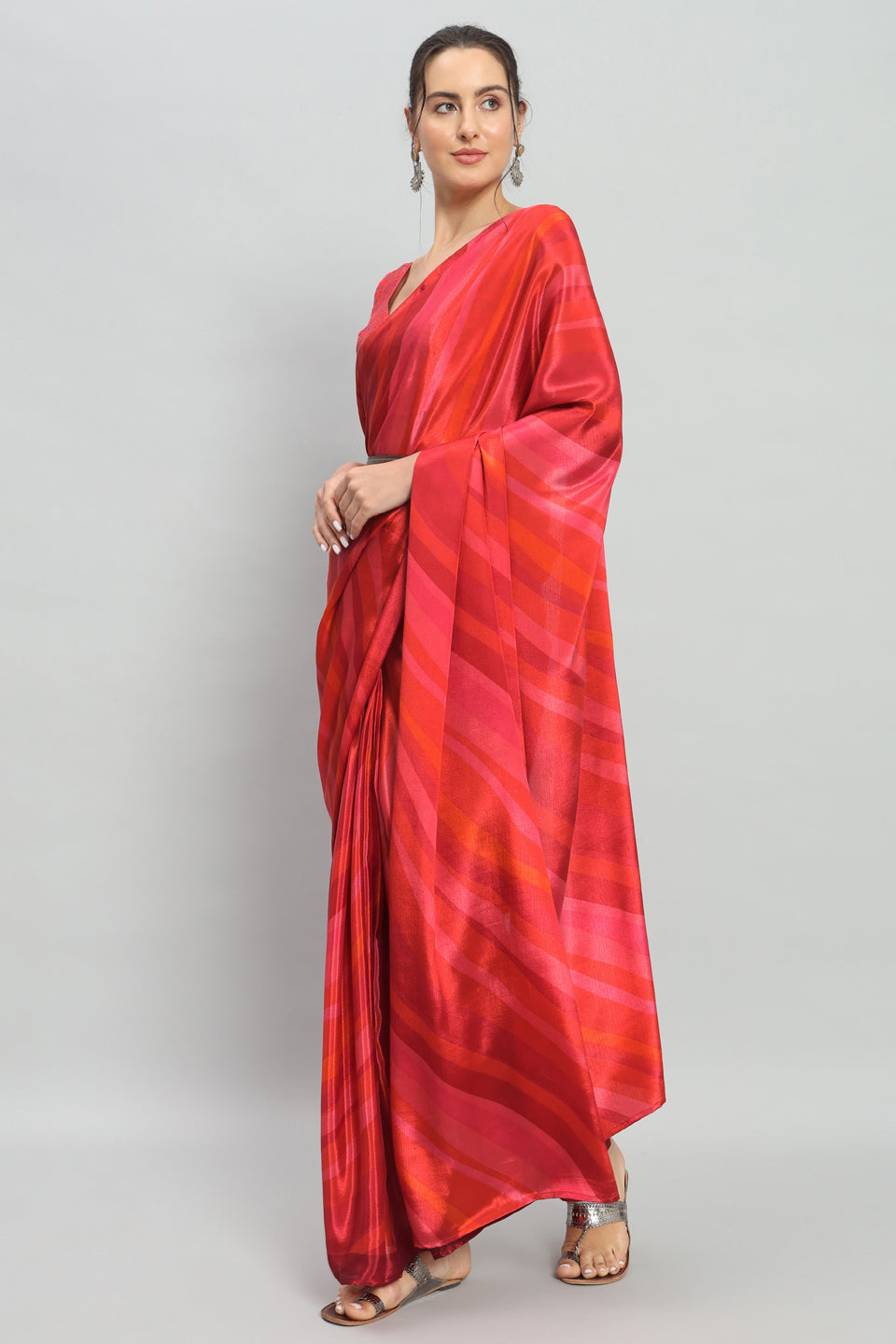 Satin Striped Printed Ready to Wear Pre-stitched Rust Saree