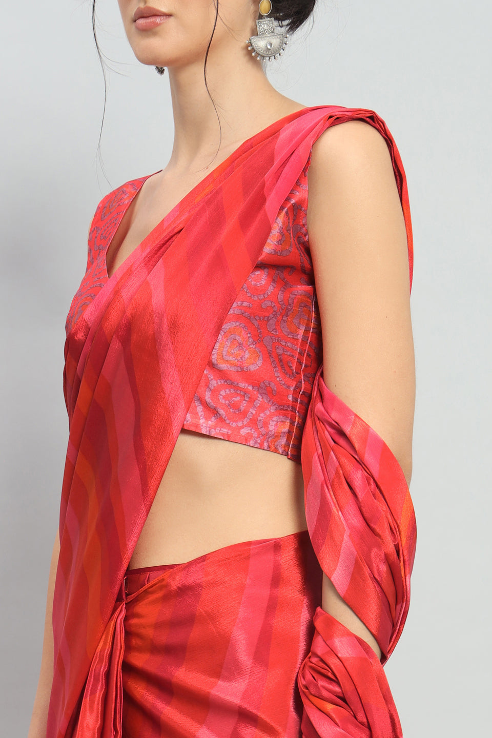 Satin Striped Printed Ready to Wear Pre-stitched Rust Saree