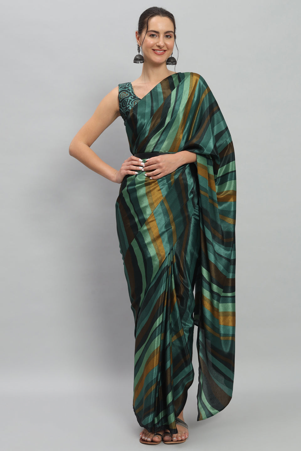 Satin Striped Printed Ready to Wear Pre-stitched Green Saree