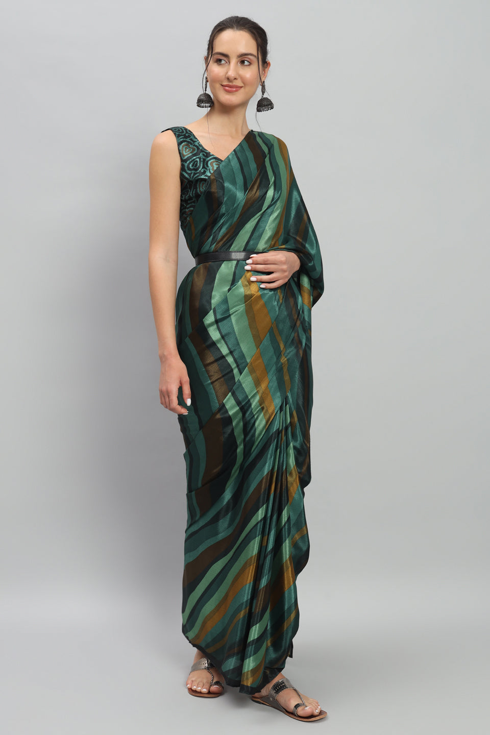 Satin Striped Printed Ready to Wear Pre-stitched Green Saree