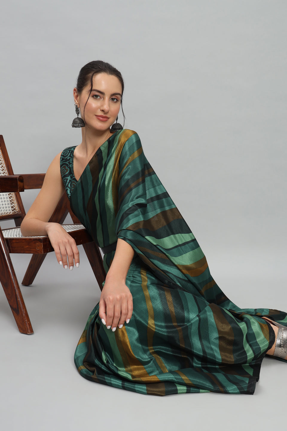 Satin Striped Printed Ready to Wear Pre-stitched Green Saree