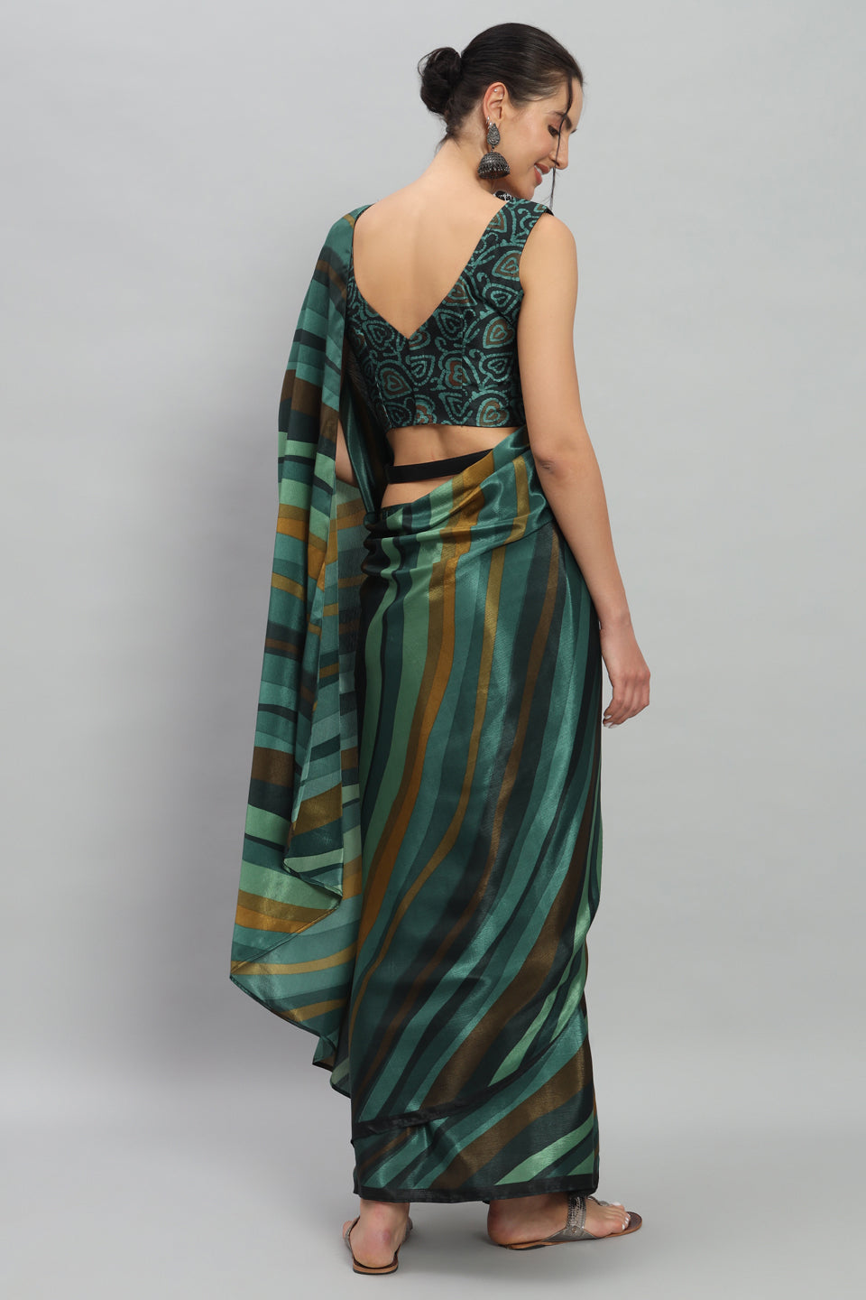 Satin Striped Printed Ready to Wear Pre-stitched Green Saree