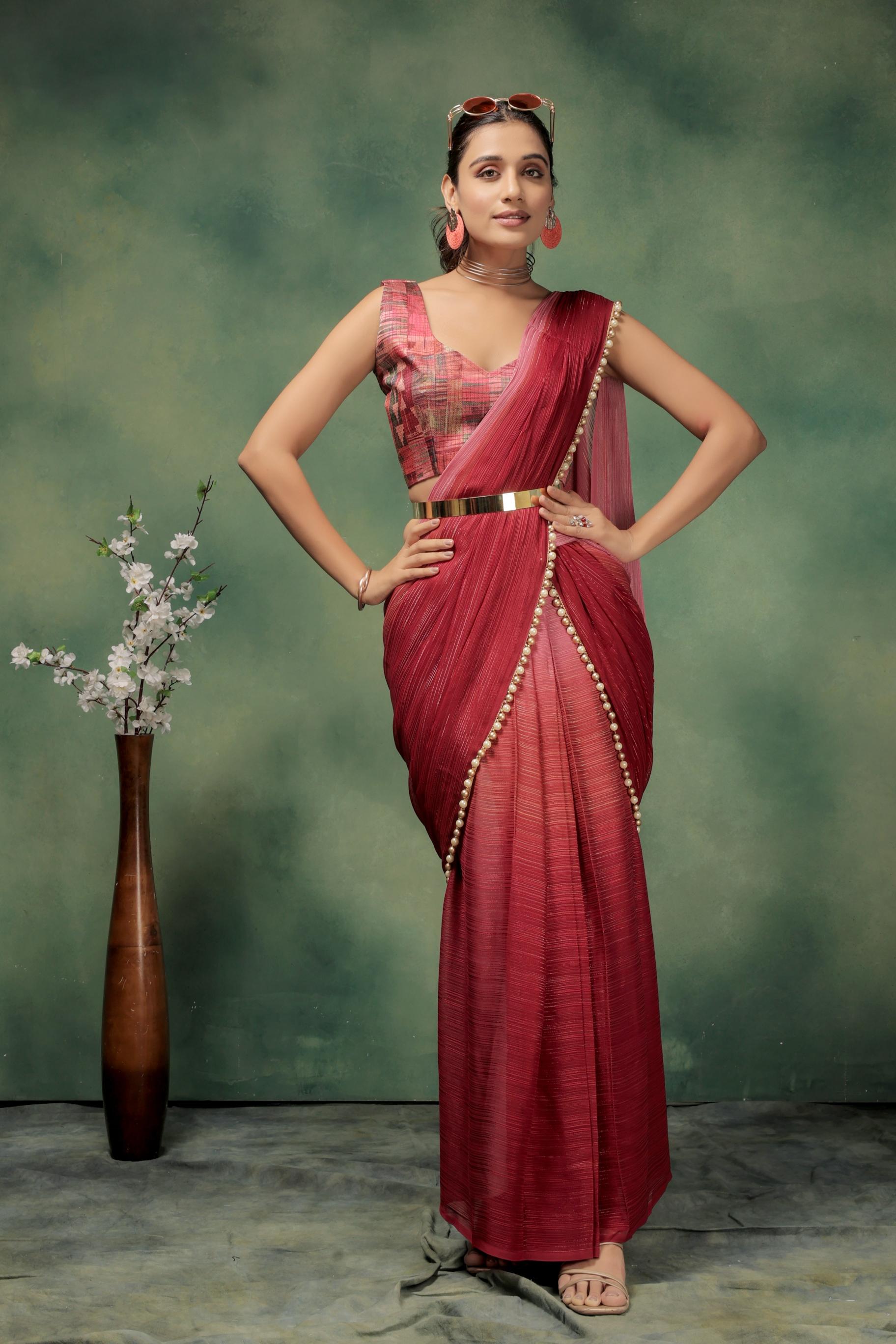 Ombre Embellished Lace Work Marble Chiffon Ready To Wear Saree