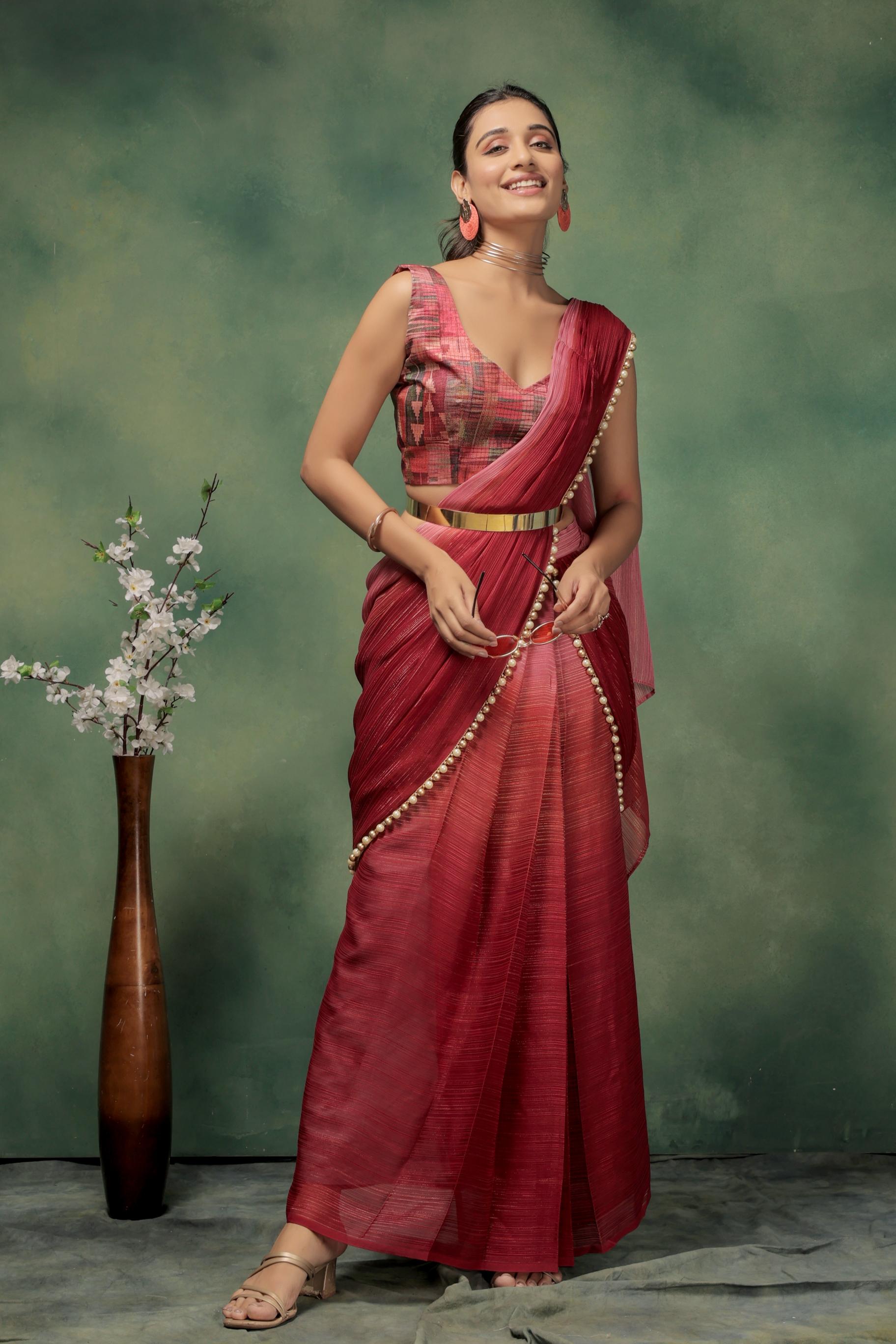 Ombre Embellished Lace Work Marble Chiffon Ready To Wear Saree