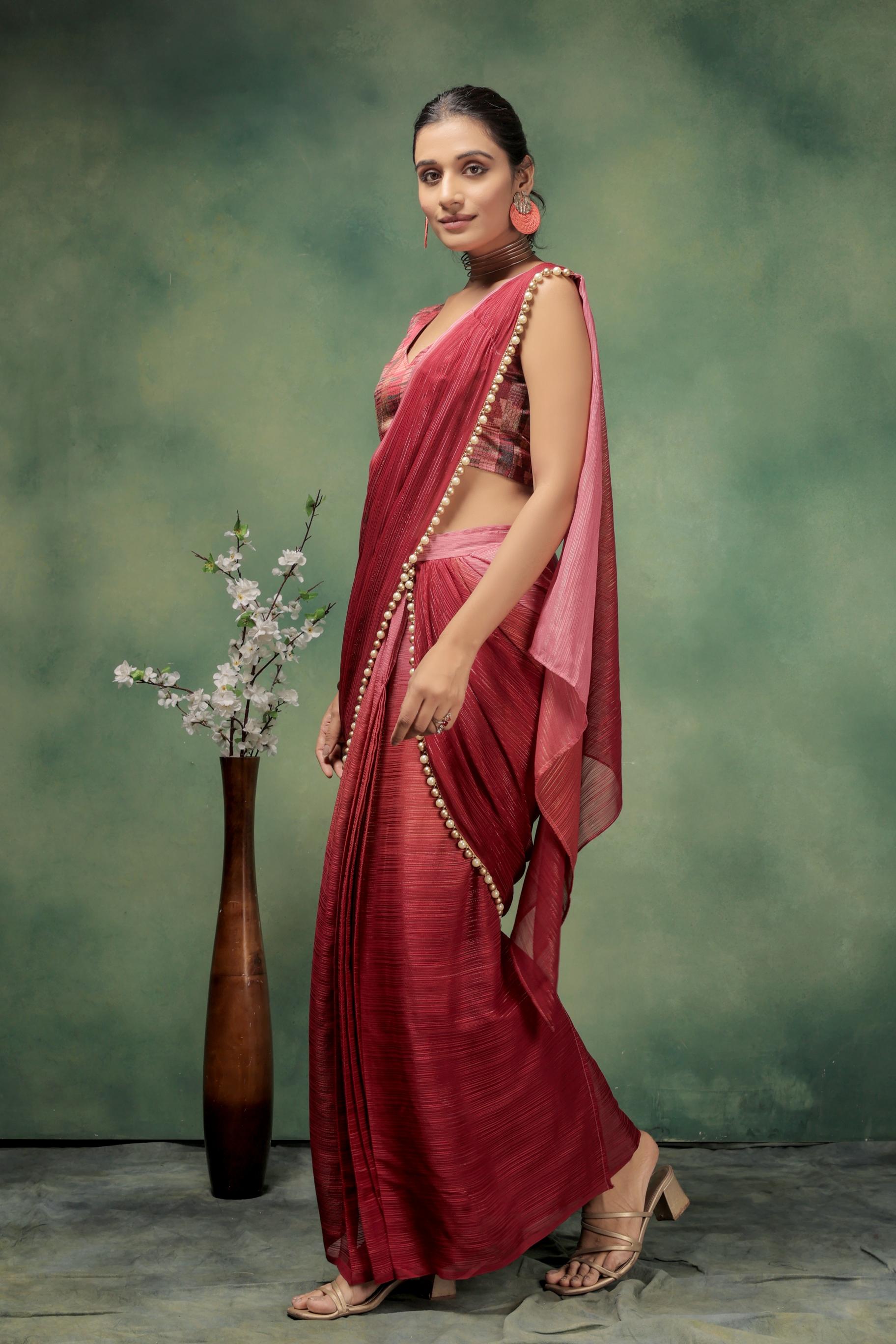 Ombre Embellished Lace Work Marble Chiffon Ready To Wear Saree