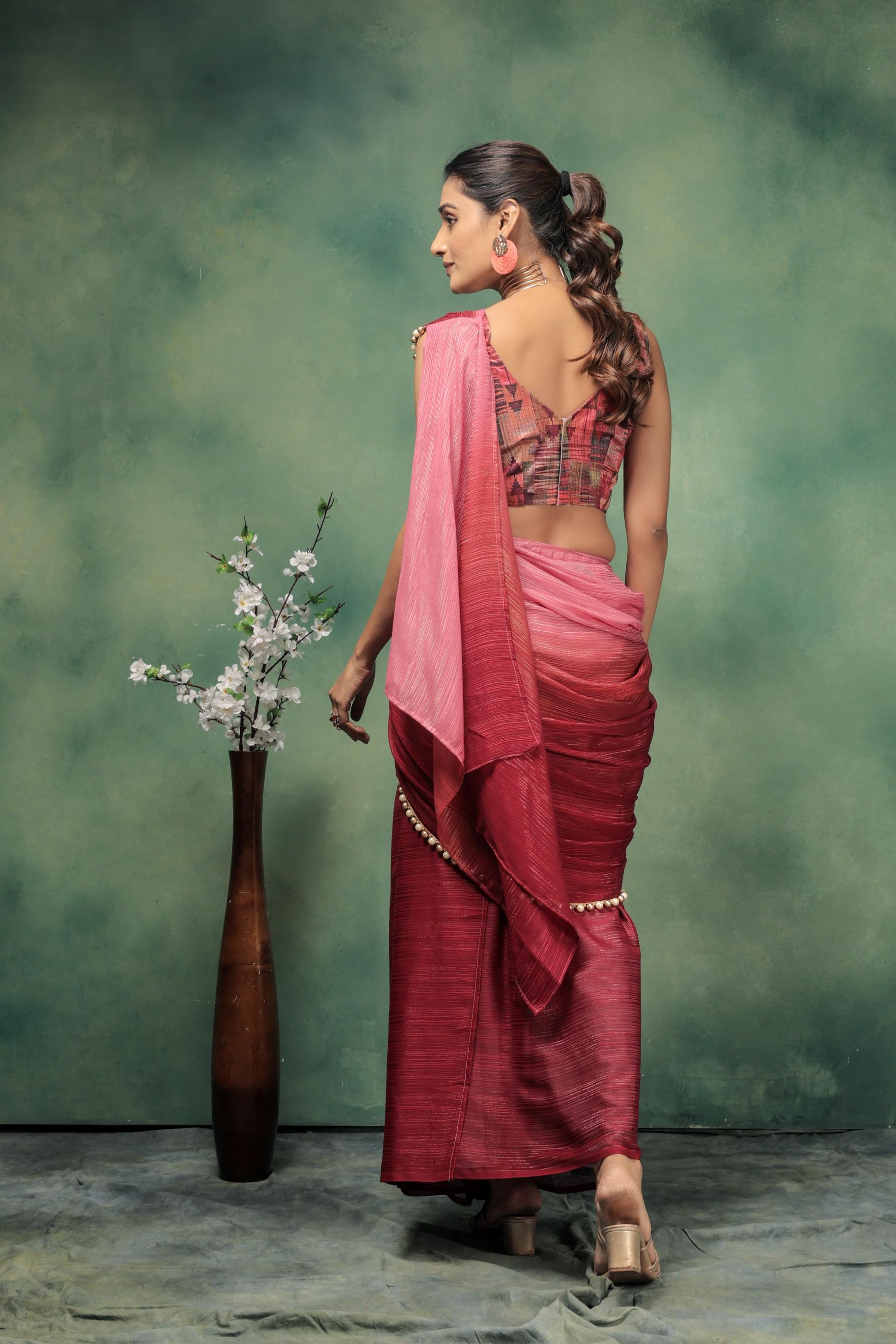 Ombre Embellished Lace Work Marble Chiffon Ready To Wear Saree