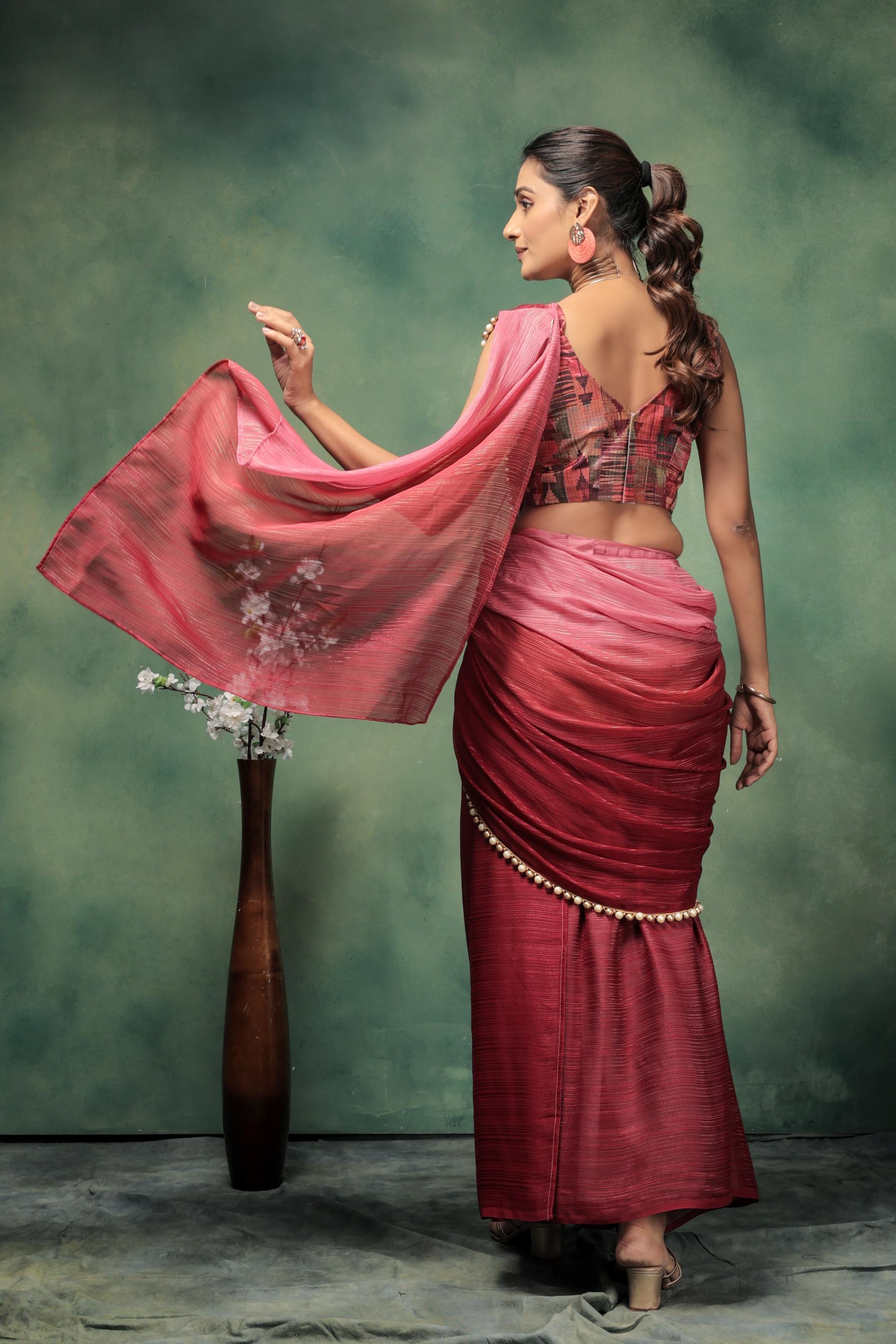 Ombre Embellished Lace Work Marble Chiffon Ready To Wear Saree