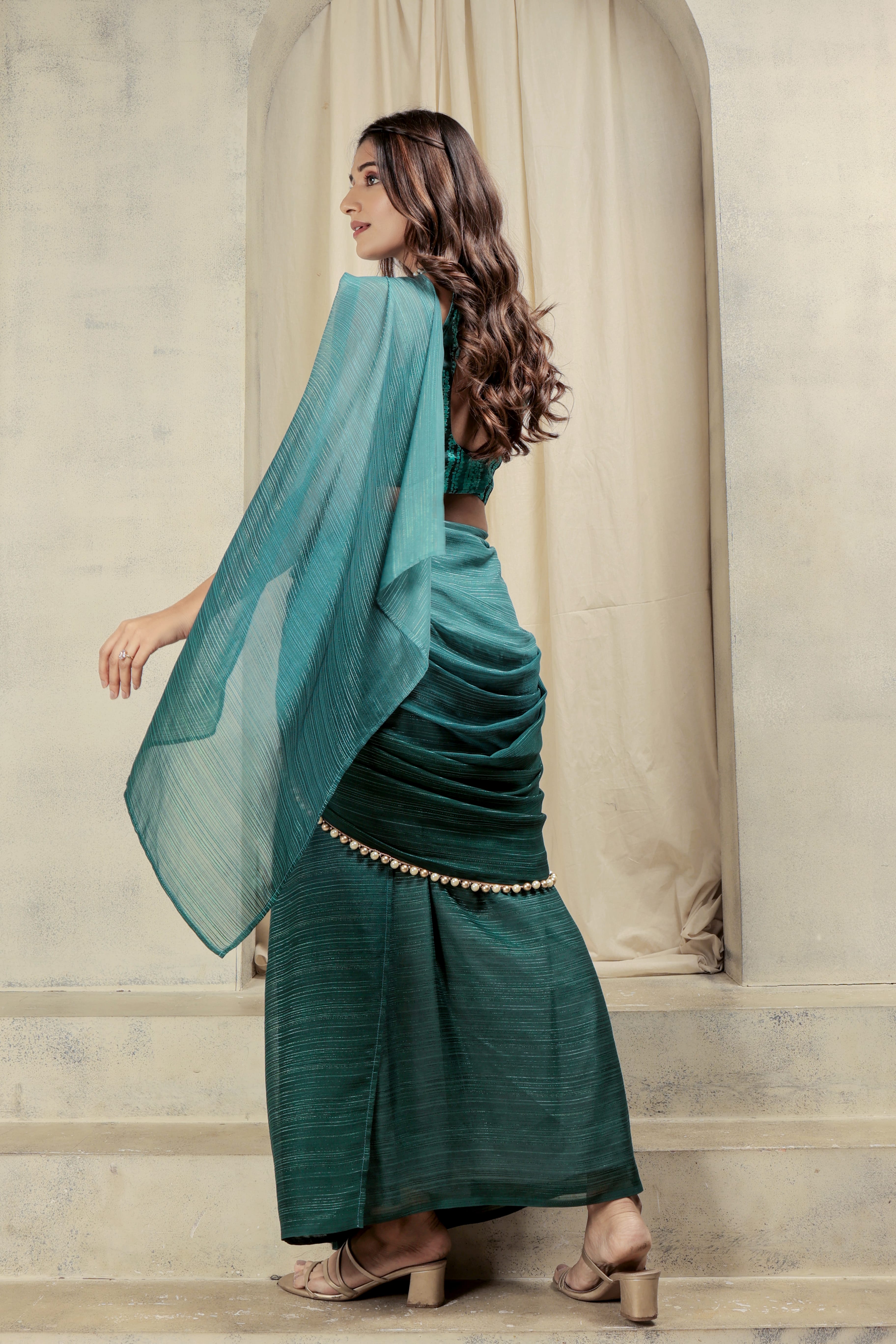 Ombre Embellished Lace Work Marble Chiffon Ready To Wear Saree