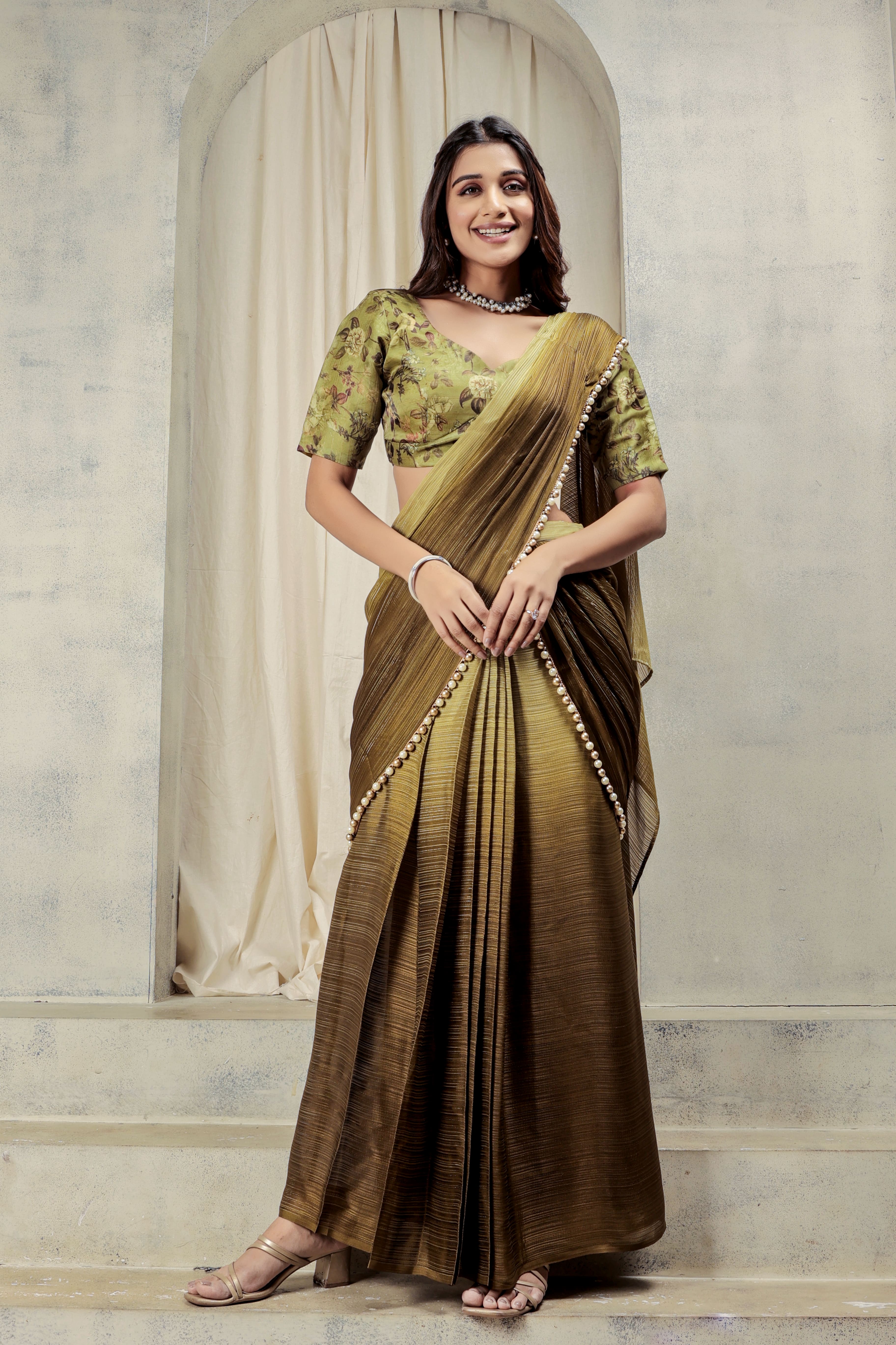 Ombre Embellished Lace Work Marble Chiffon Ready To Wear Saree