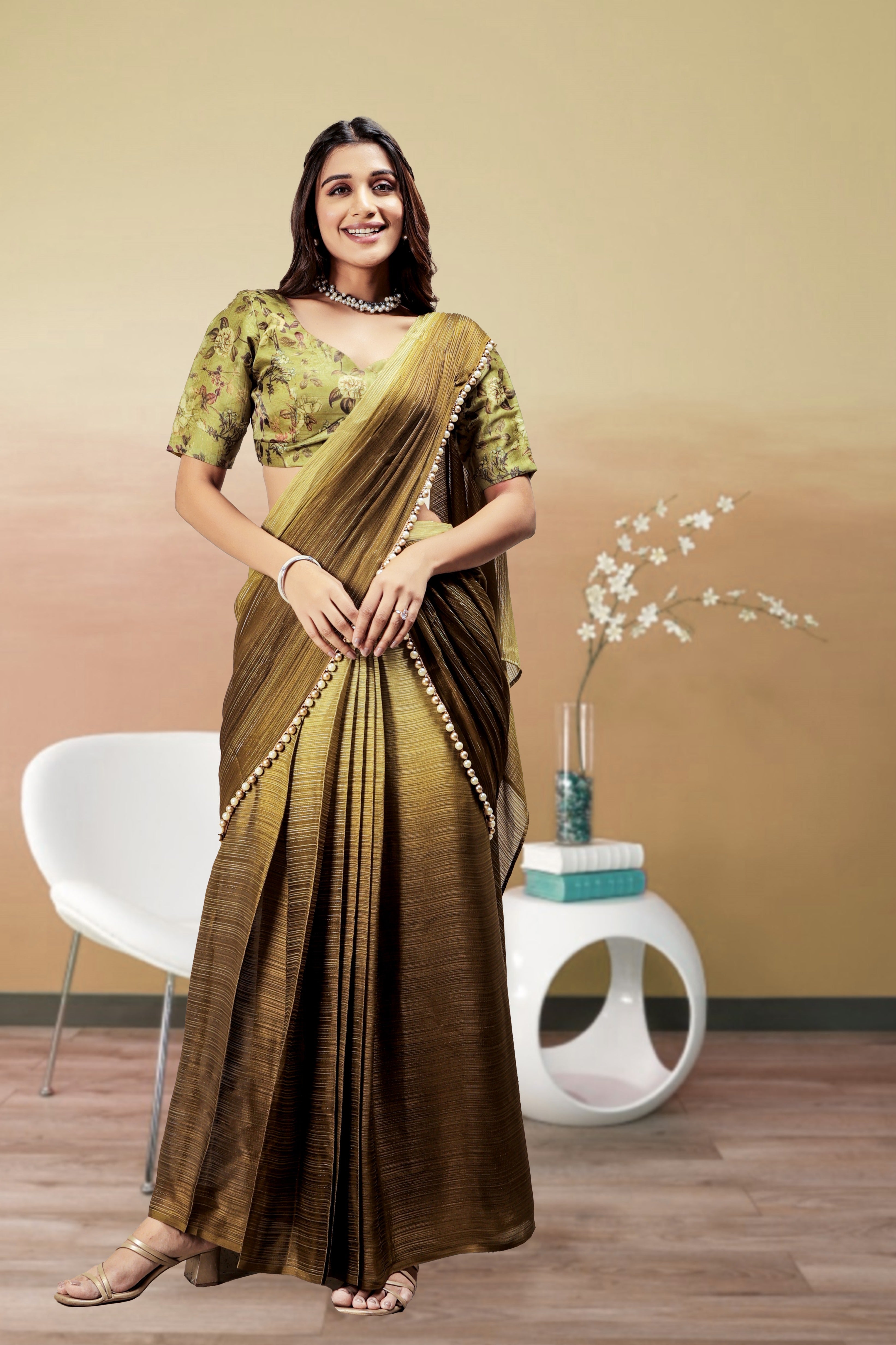 Ombre Embellished Lace Work Marble Chiffon Ready To Wear Saree