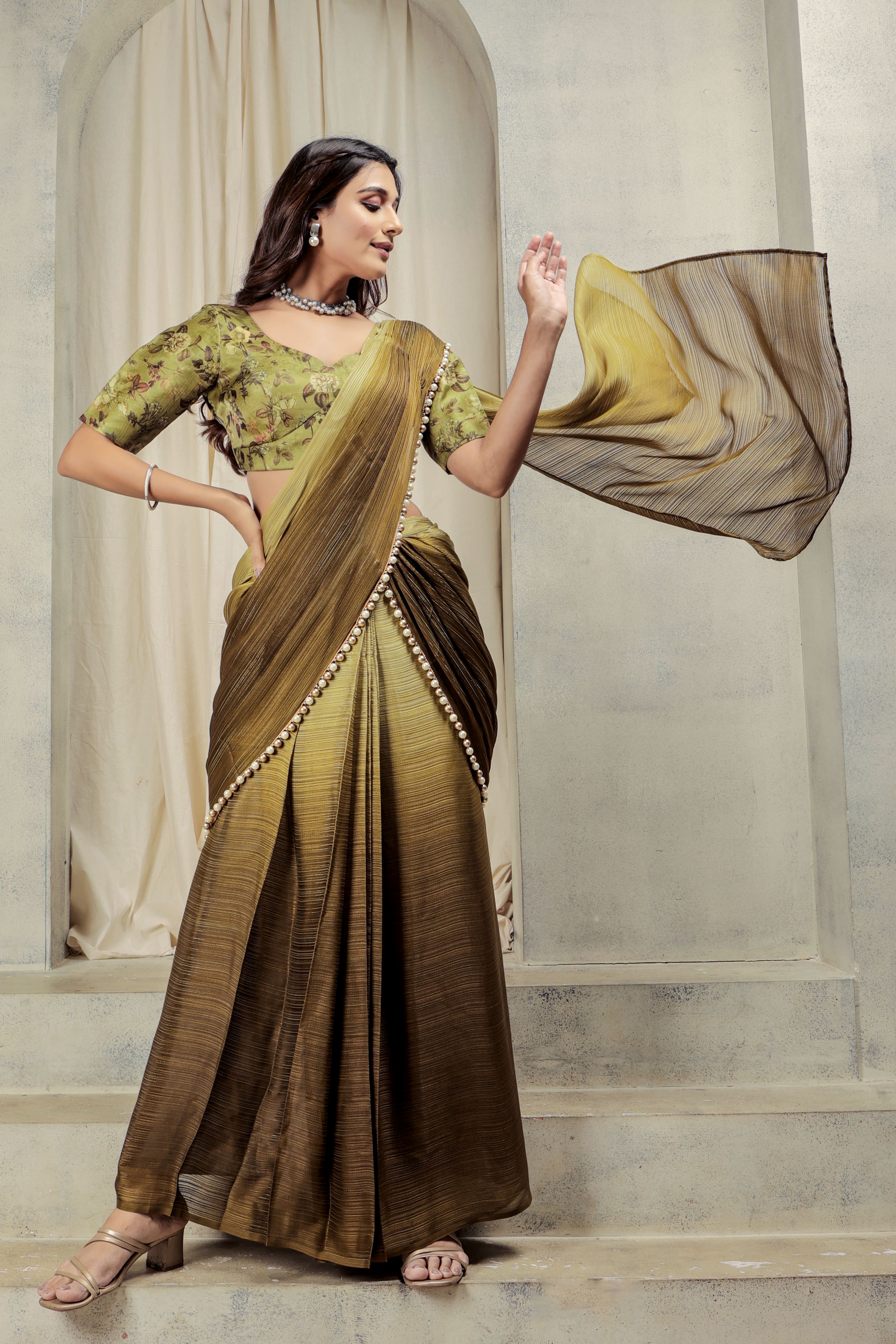 Ombre Embellished Lace Work Marble Chiffon Ready To Wear Saree