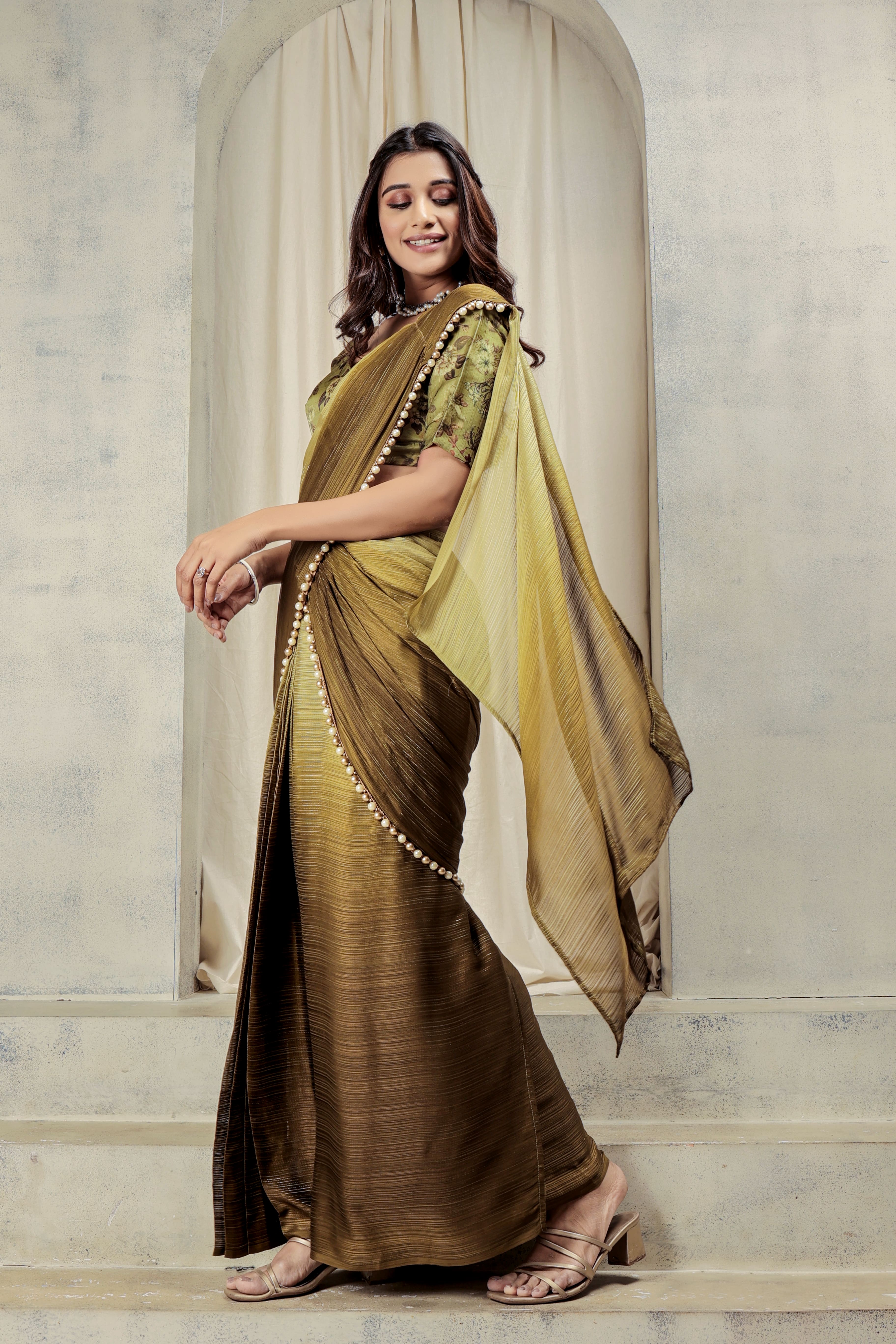 Ombre Embellished Lace Work Marble Chiffon Ready To Wear Saree