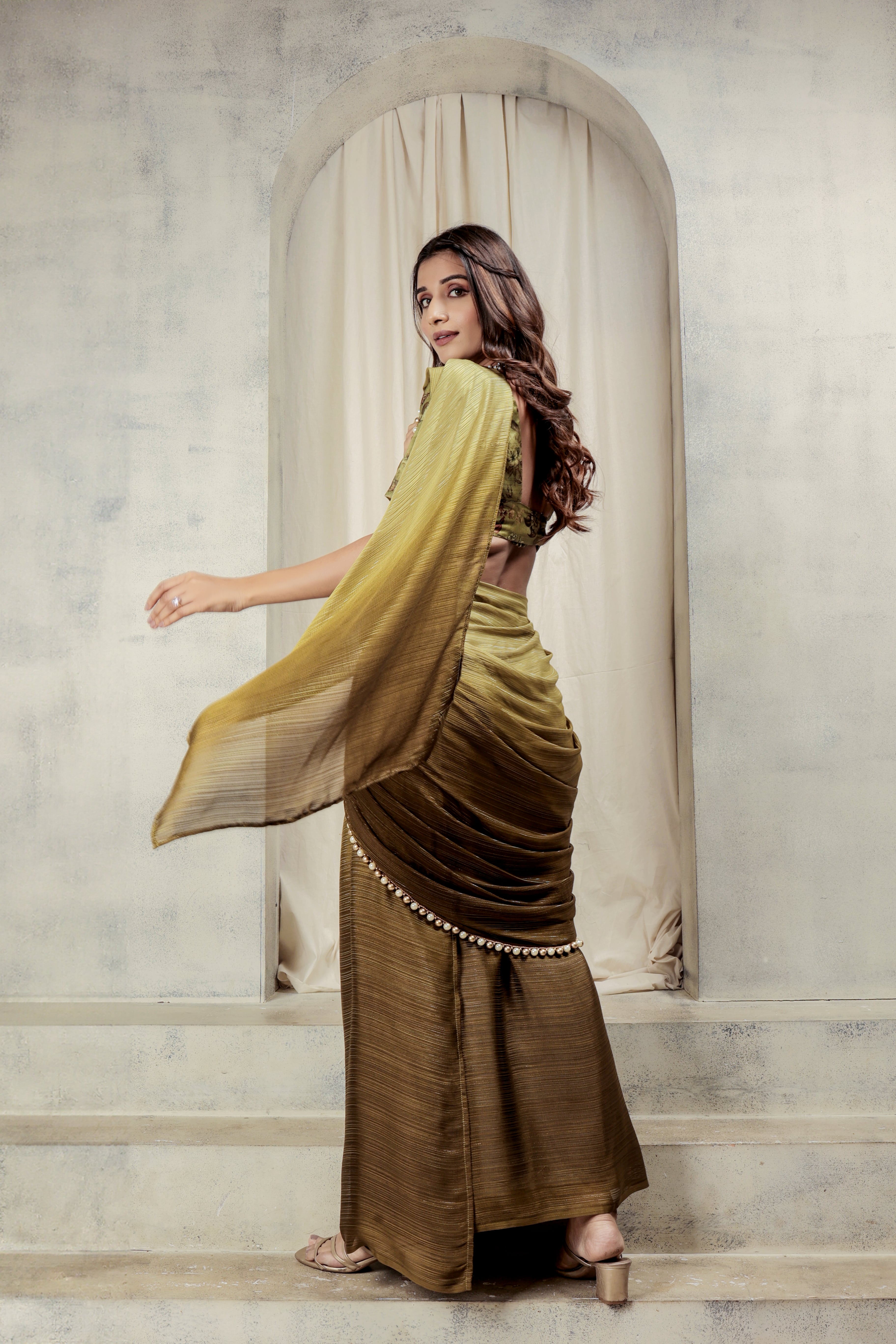 Ombre Embellished Lace Work Marble Chiffon Ready To Wear Saree