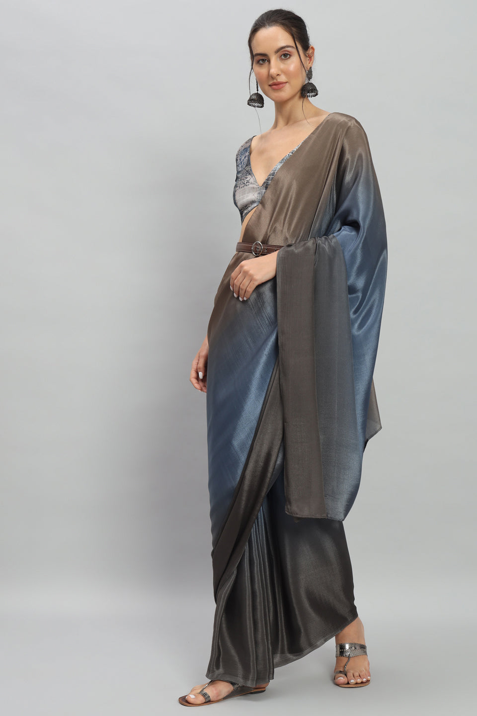 Satin Ready to Wear Pre-stitched More Ombre Blue Saree