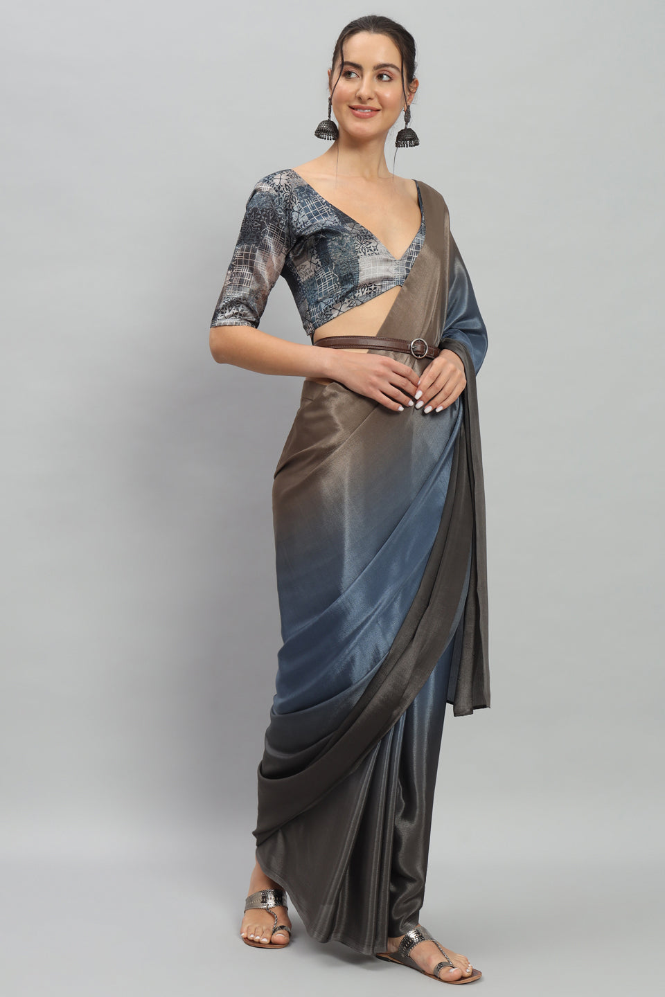 Satin Ready to Wear Pre-stitched More Ombre Blue Saree