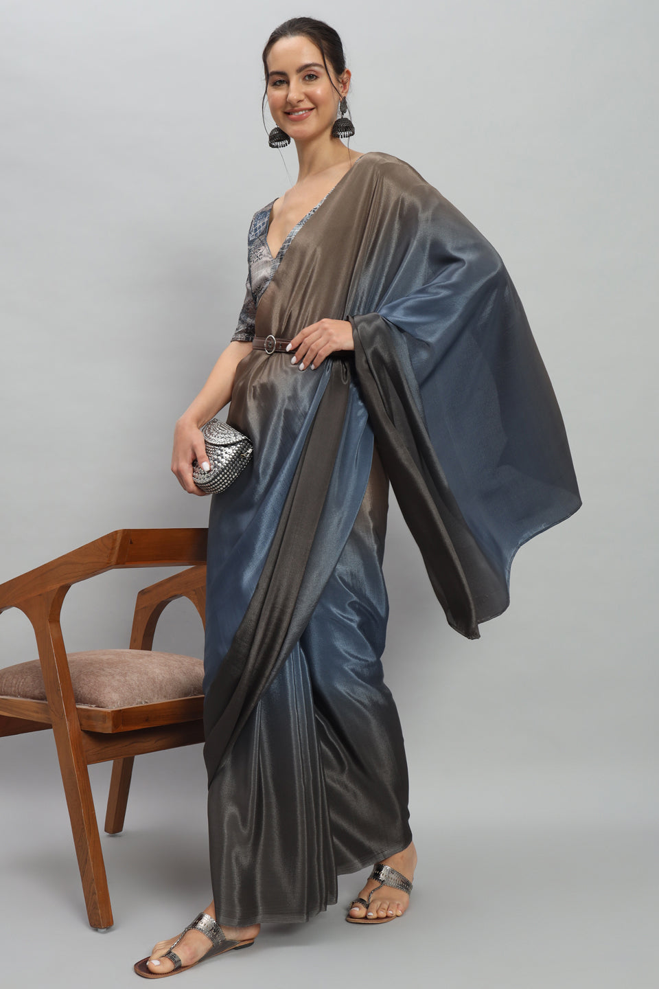 Satin Ready to Wear Pre-stitched More Ombre Blue Saree