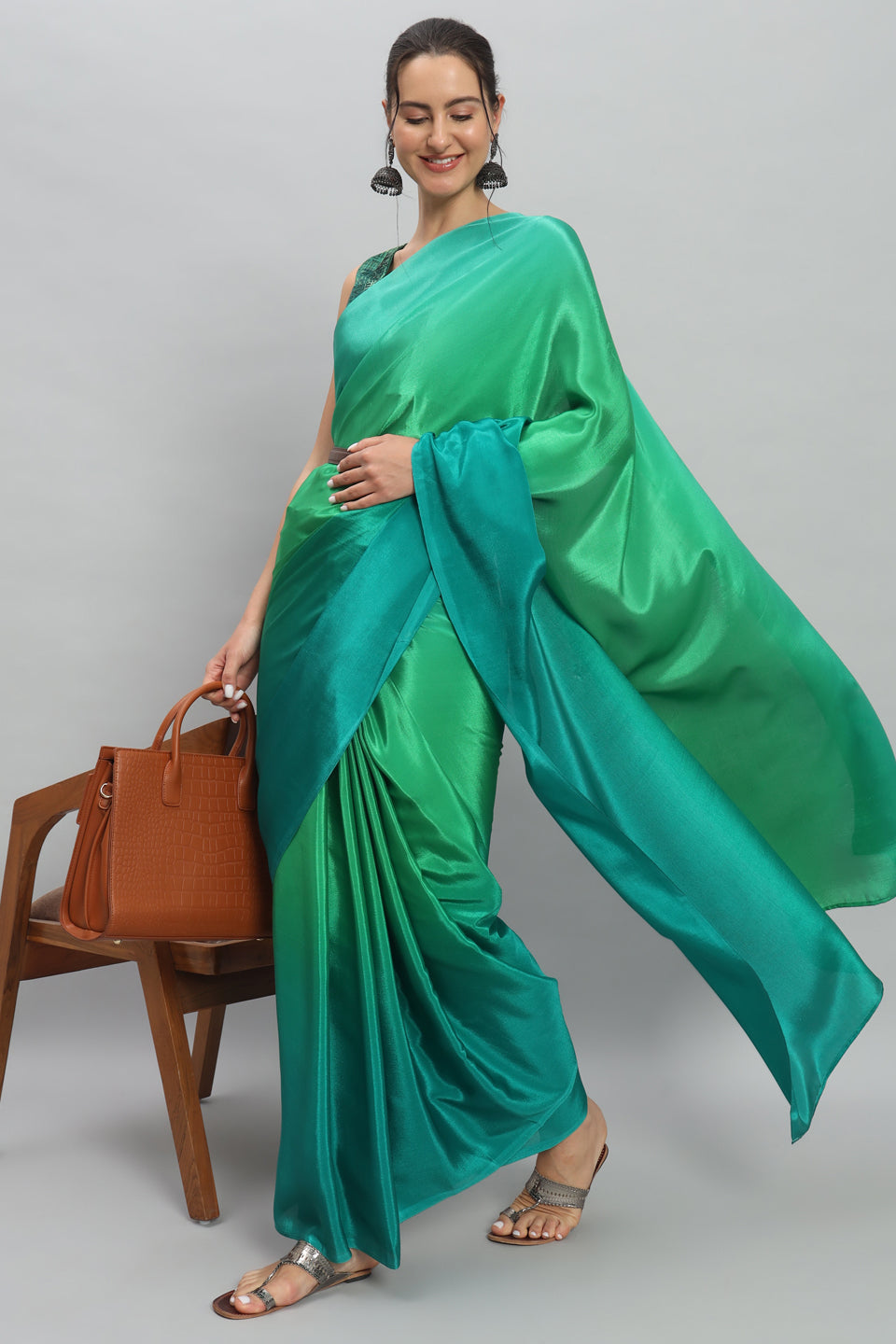 Satin Ready to Wear Pre-stitched Ombre Green Saree