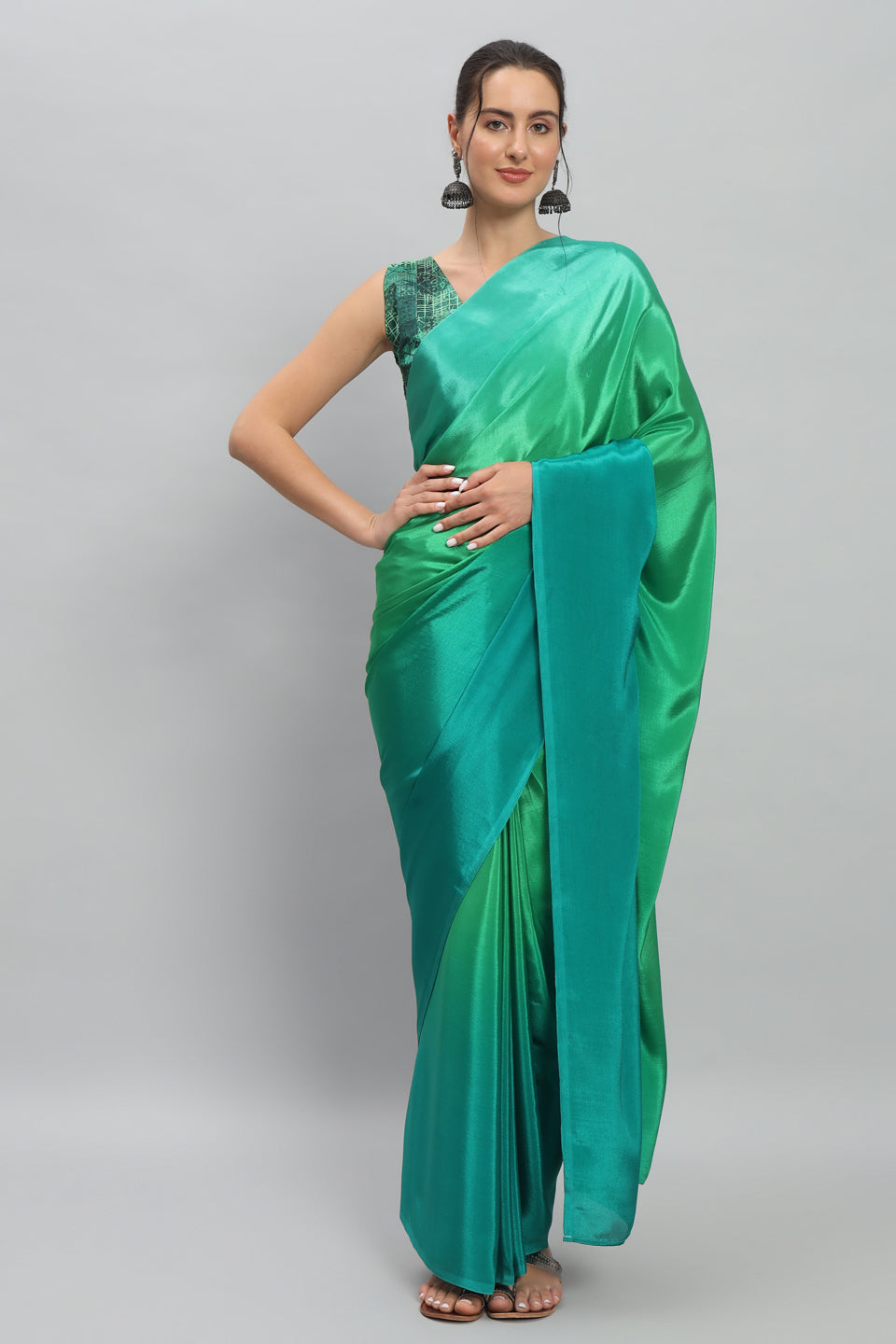 Satin Ready to Wear Pre-stitched Ombre Green Saree