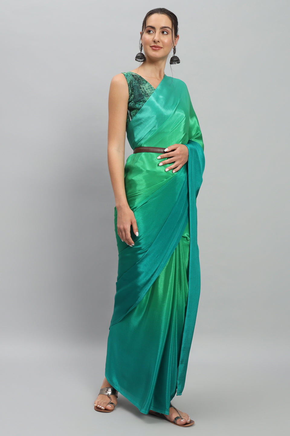 Satin Ready to Wear Pre-stitched Ombre Green Saree