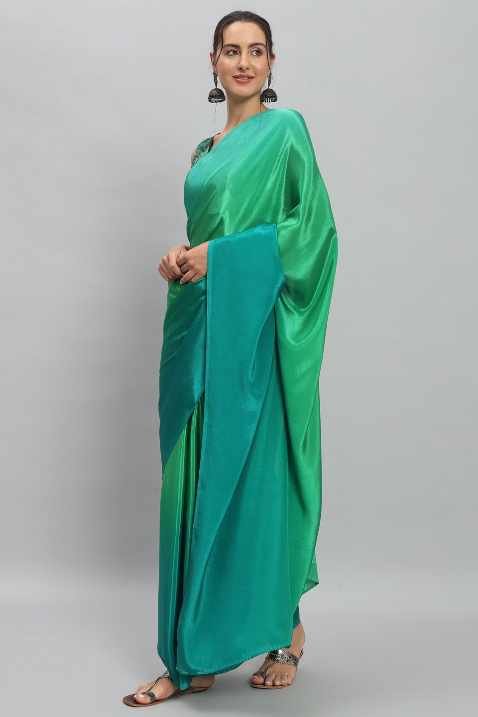 Satin Ready to Wear Pre-stitched Ombre Green Saree