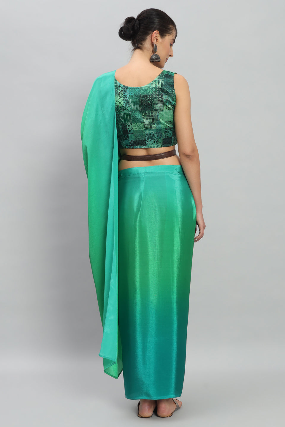 Satin Ready to Wear Pre-stitched Ombre Green Saree