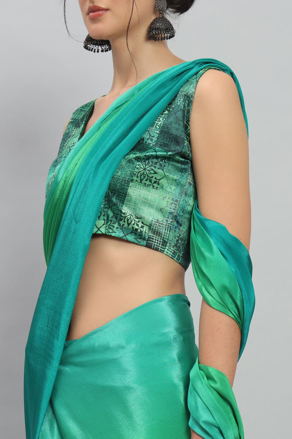 Satin Ready to Wear Pre-stitched Ombre Green Saree
