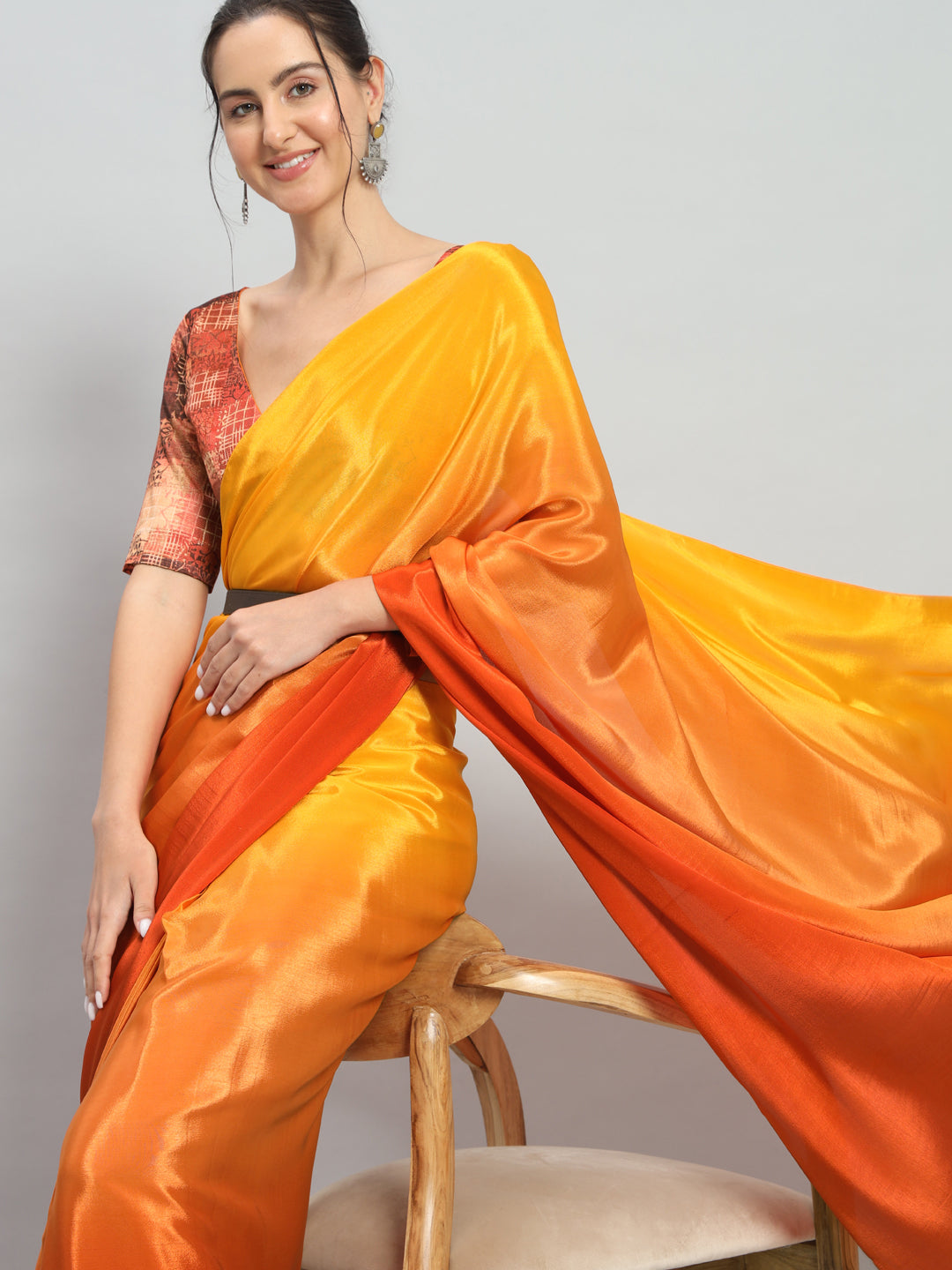 Satin Ready to Wear Pre-stitched Ombre Yellow Saree