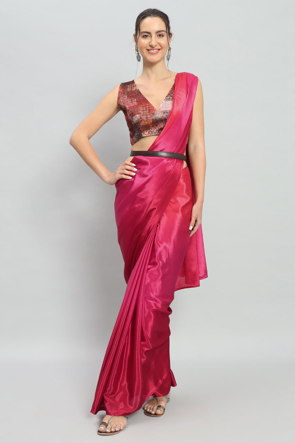 Satin Ready to Wear Pre-stitched Pink Saree