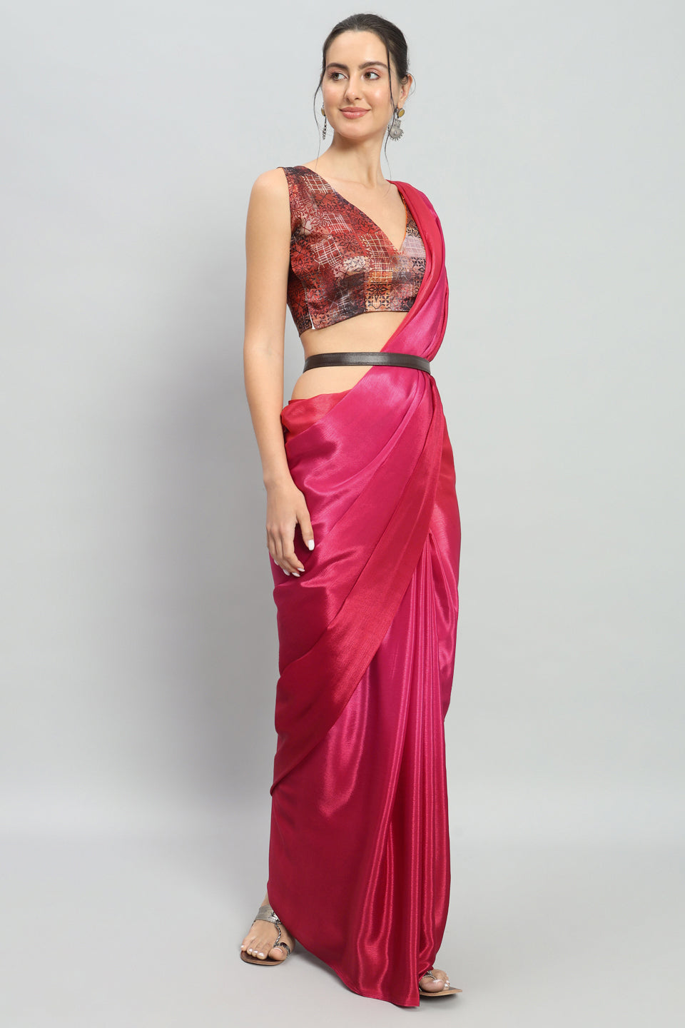 Satin Ready to Wear Pre-stitched Pink Saree